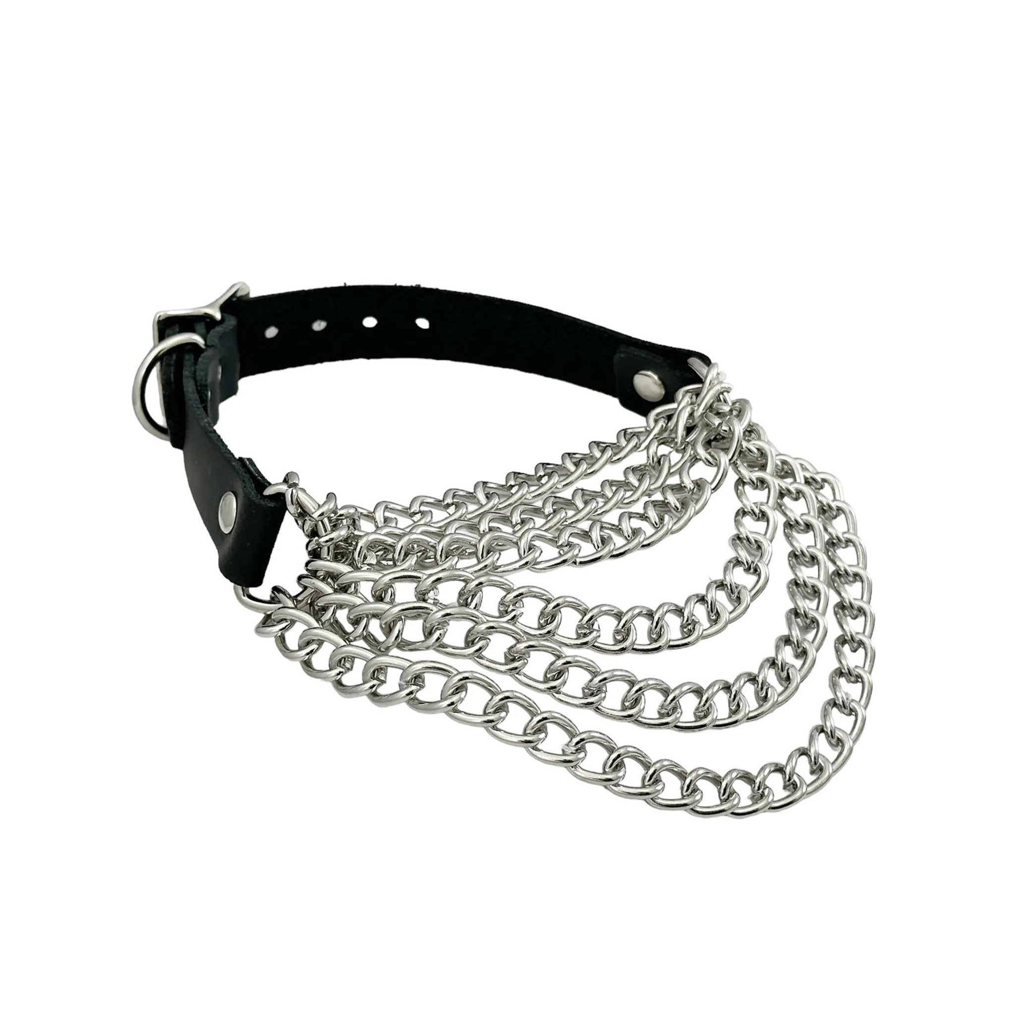 Leather vegan-leather hanging-chains accessories necklace choker collar multi-layer D-ring adjustable buckle fashion alt-fashion alternative rock punk goth gothic costume cosplay halloween halloween-couture halloween-lookbook unisex silver