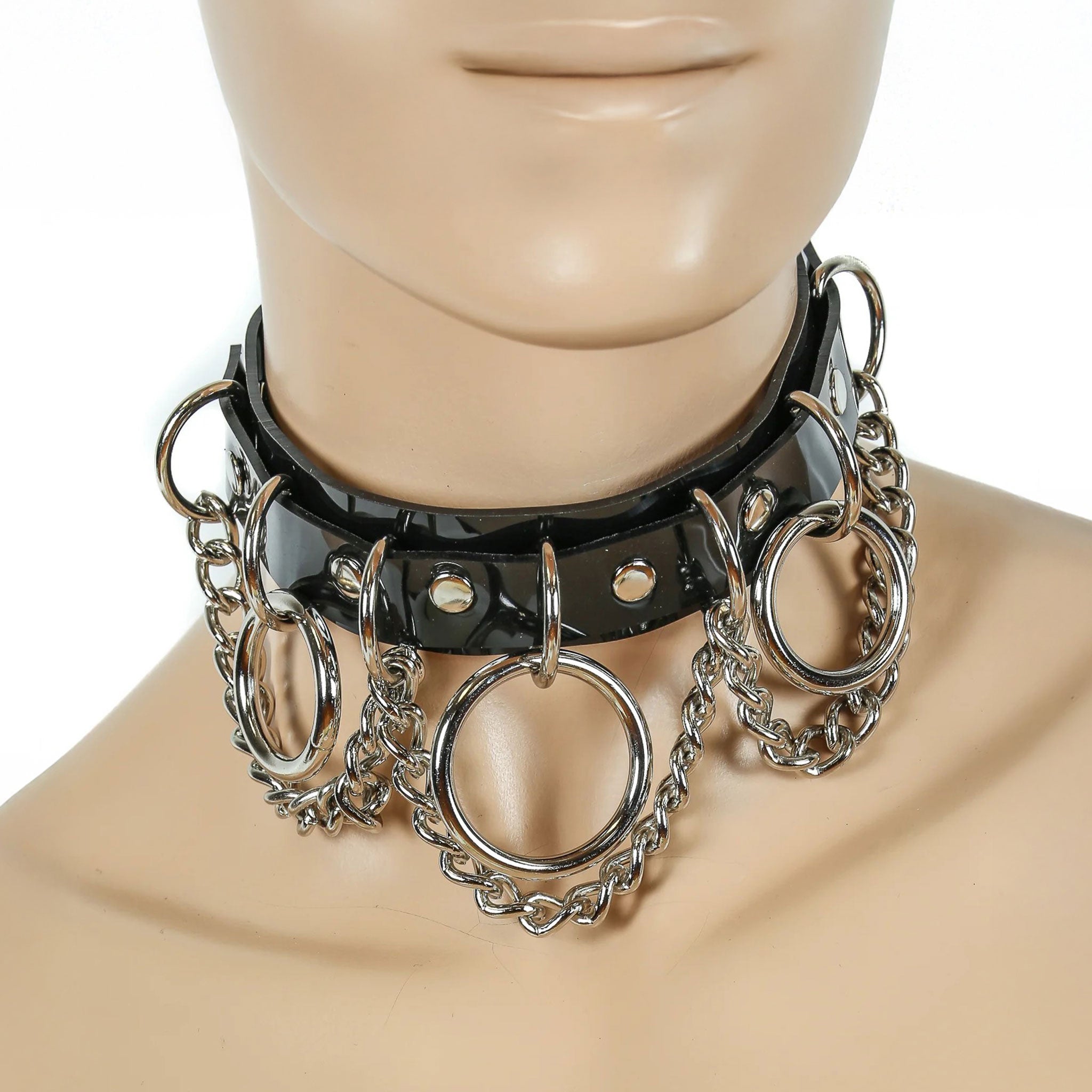 PVC vinyl accessories collar choker dual-layer O-ring D-ring chains hanging-chains jangling-chains adjustable buckle fetish fashion alt-fashion clubbing clubwear punk goth gothic bondage bdsm bdsm-toys kink kinky kinky-play costume cosplay halloween fantasy dark-fantasy adult-toys unisex black-vinyl