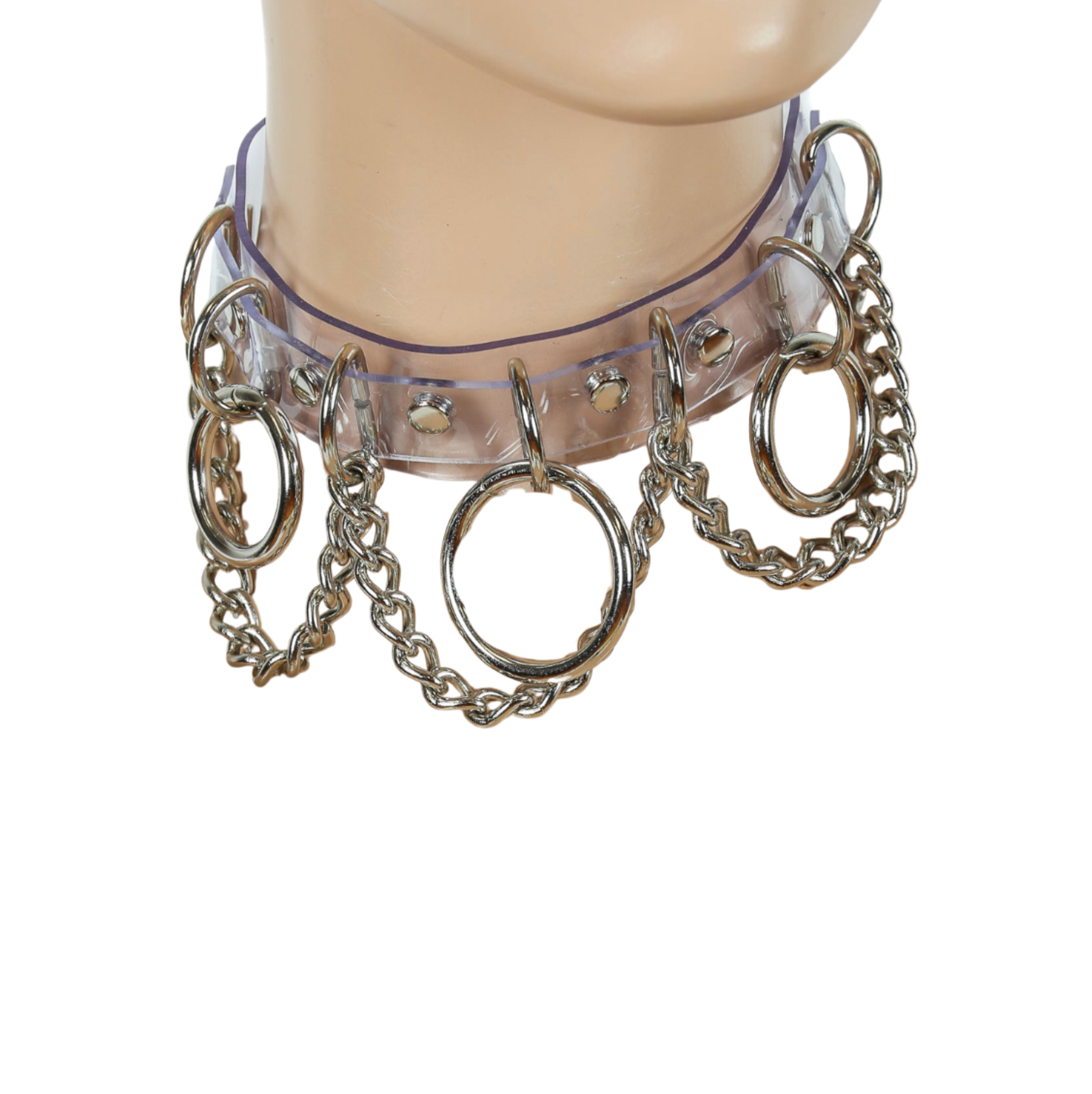 multi ring choker with chains vinyl dual layer bondage collar with o rings d rings metallic chains adjustable buckle closure fetish gothic punk fashion