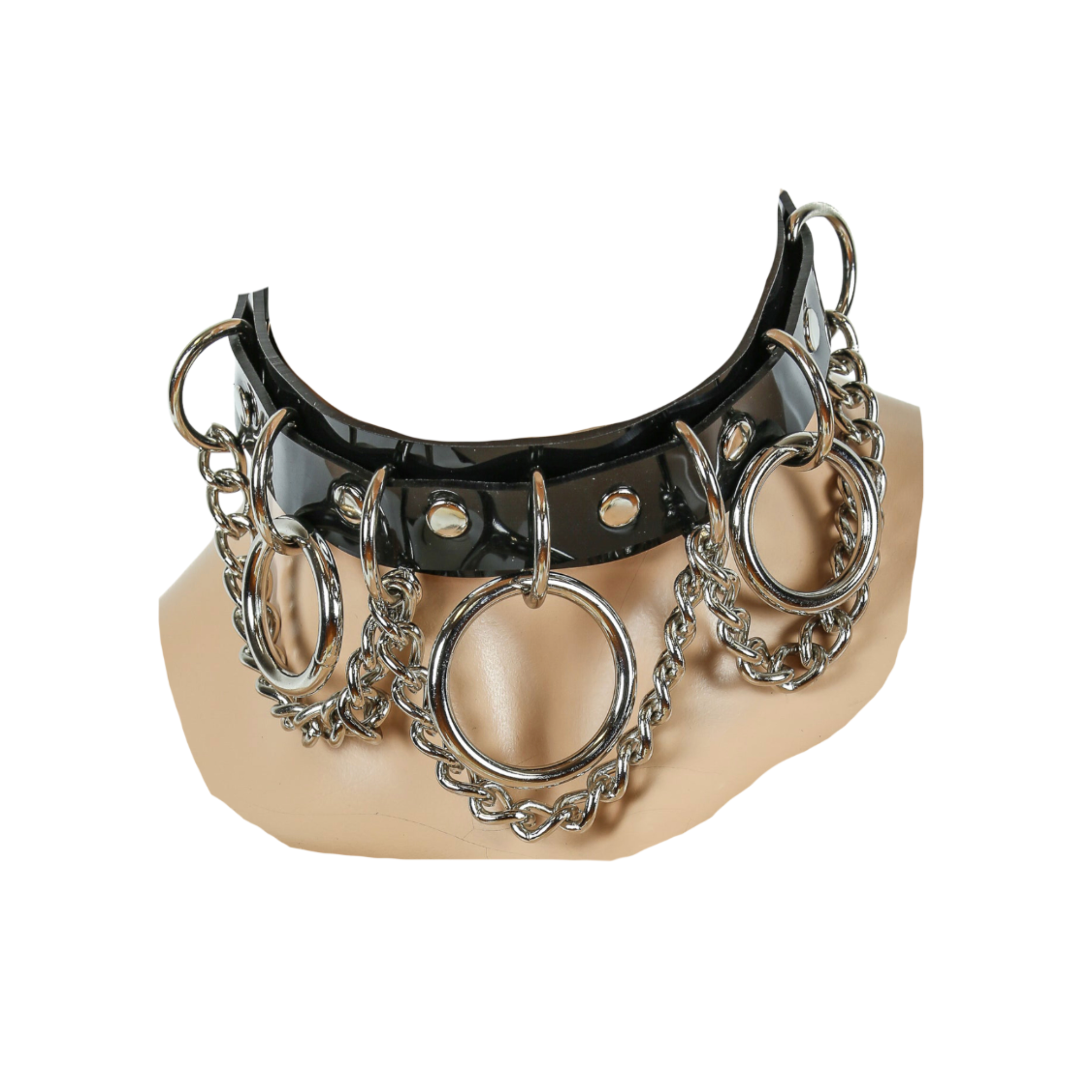 multi ring choker with chains vinyl dual layer bondage collar with o rings d rings metallic chains adjustable buckle closure fetish gothic punk fashion