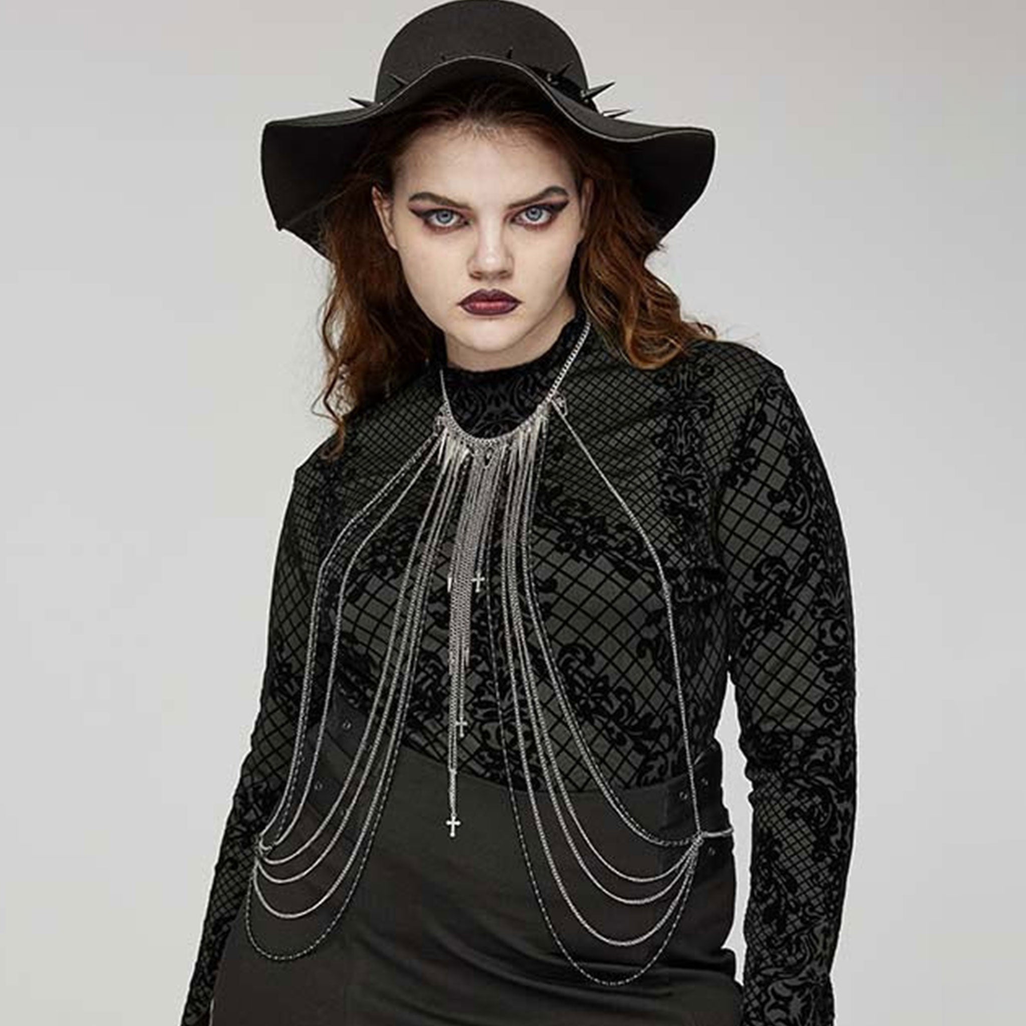 316 stainless steel chain chains bead beads necklace body harness hanging charm pendant spike spikes skull skulls coffin coffins cross crosses alt fetish punk goth gothic high fashion multi-layered multilayered accessories edgy bold cool jewelry seraphina silver black