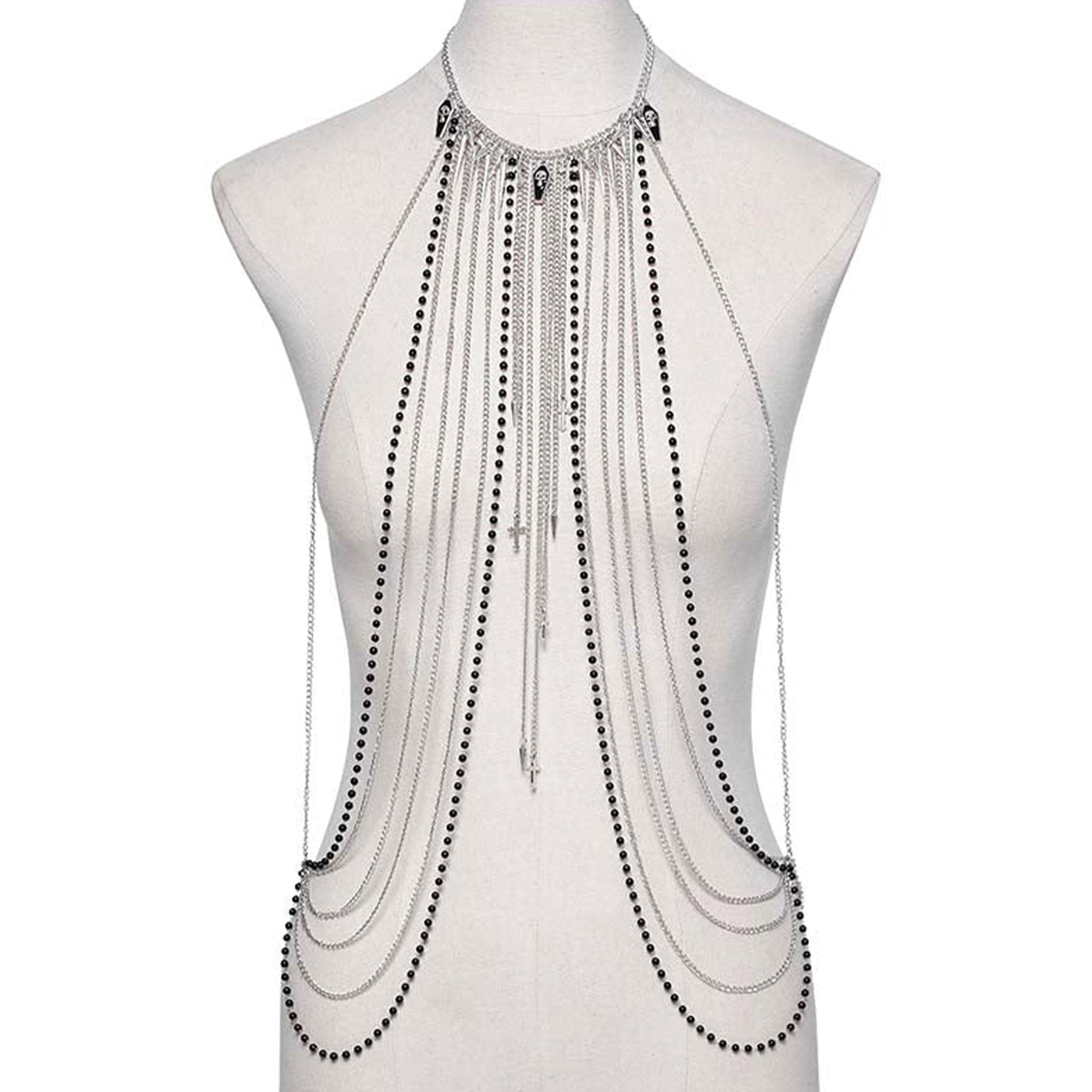 316 stainless steel chain chains bead beads necklace body harness hanging charm pendant spike spikes skull skulls coffin coffins cross crosses alt fetish punk goth gothic high fashion multi-layered multilayered accessories edgy bold cool jewelry seraphina silver black