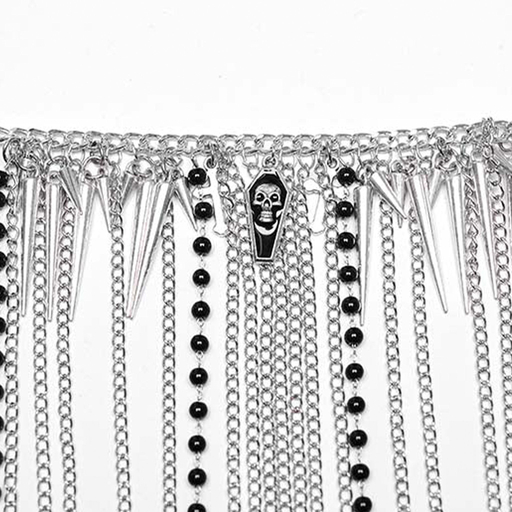 316 stainless steel chain chains bead beads necklace body harness hanging charm pendant spike spikes skull skulls coffin coffins cross crosses alt fetish punk goth gothic high fashion multi-layered multilayered accessories edgy bold cool jewelry seraphina silver black