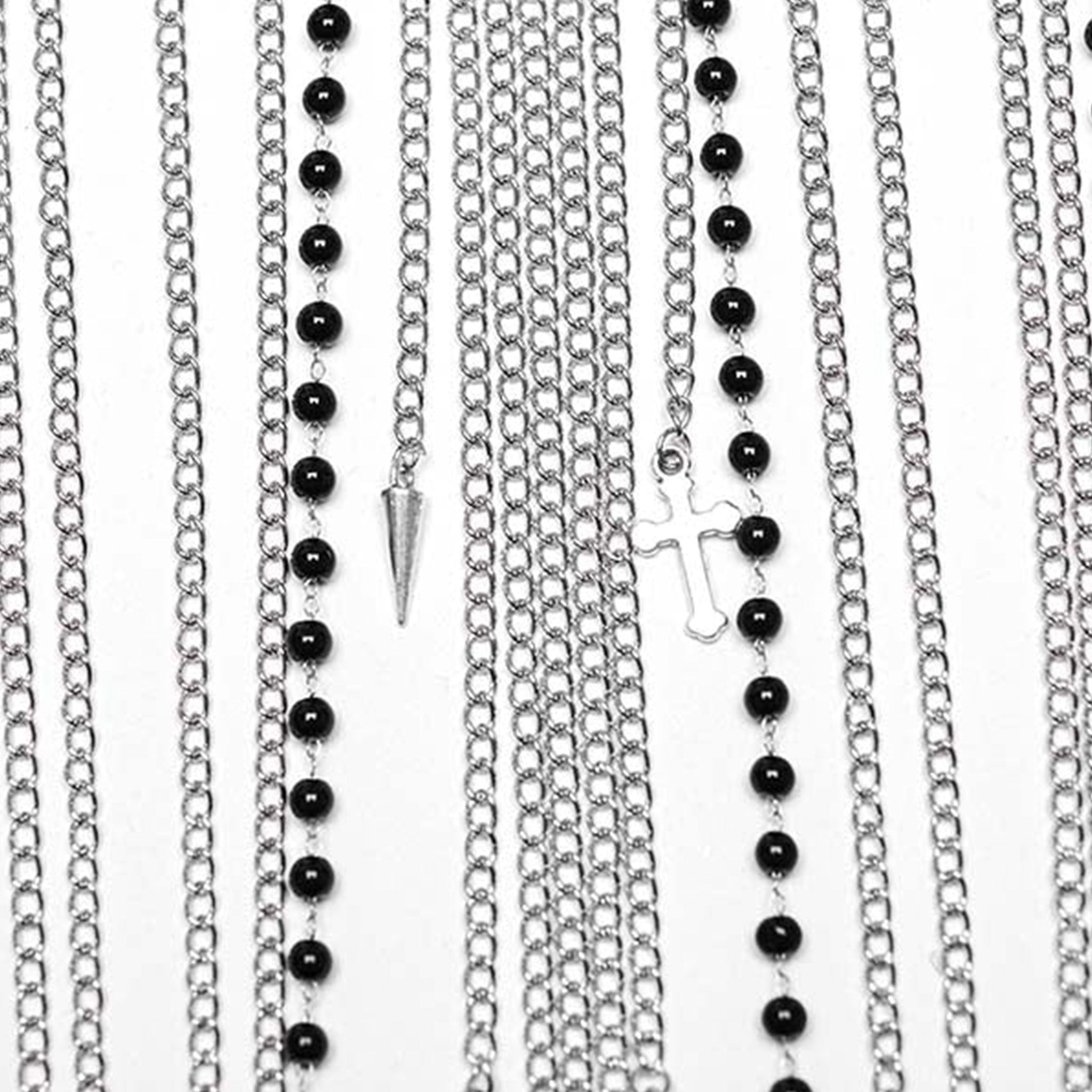 316 stainless steel chain chains bead beads necklace body harness hanging charm pendant spike spikes skull skulls coffin coffins cross crosses alt fetish punk goth gothic high fashion multi-layered multilayered accessories edgy bold cool jewelry seraphina silver black