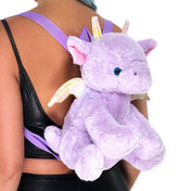 Plush-velboa nylon plastic accessories backpack plush dragon horns wings 3d 3-d lined-interior fully-lined back-zip zipper shoulder-straps adjustable top-handle single-compartment spacious magical mystical cute fashion alt-fashion rave festival costume cosplay halloween unisex lavender iridescent
