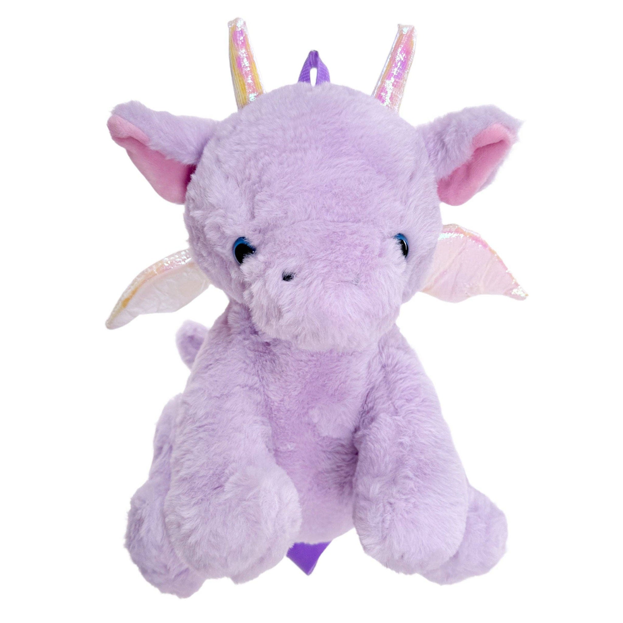 Plush-velboa nylon plastic accessories backpack plush dragon horns wings 3d 3-d lined-interior fully-lined back-zip zipper shoulder-straps adjustable top-handle single-compartment spacious magical mystical cute fashion alt-fashion rave festival costume cosplay halloween unisex lavender iridescent