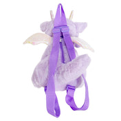 Plush-velboa nylon plastic accessories backpack plush dragon horns wings 3d 3-d lined-interior fully-lined back-zip zipper shoulder-straps adjustable top-handle single-compartment spacious magical mystical cute fashion alt-fashion rave festival costume cosplay halloween unisex lavender iridescent