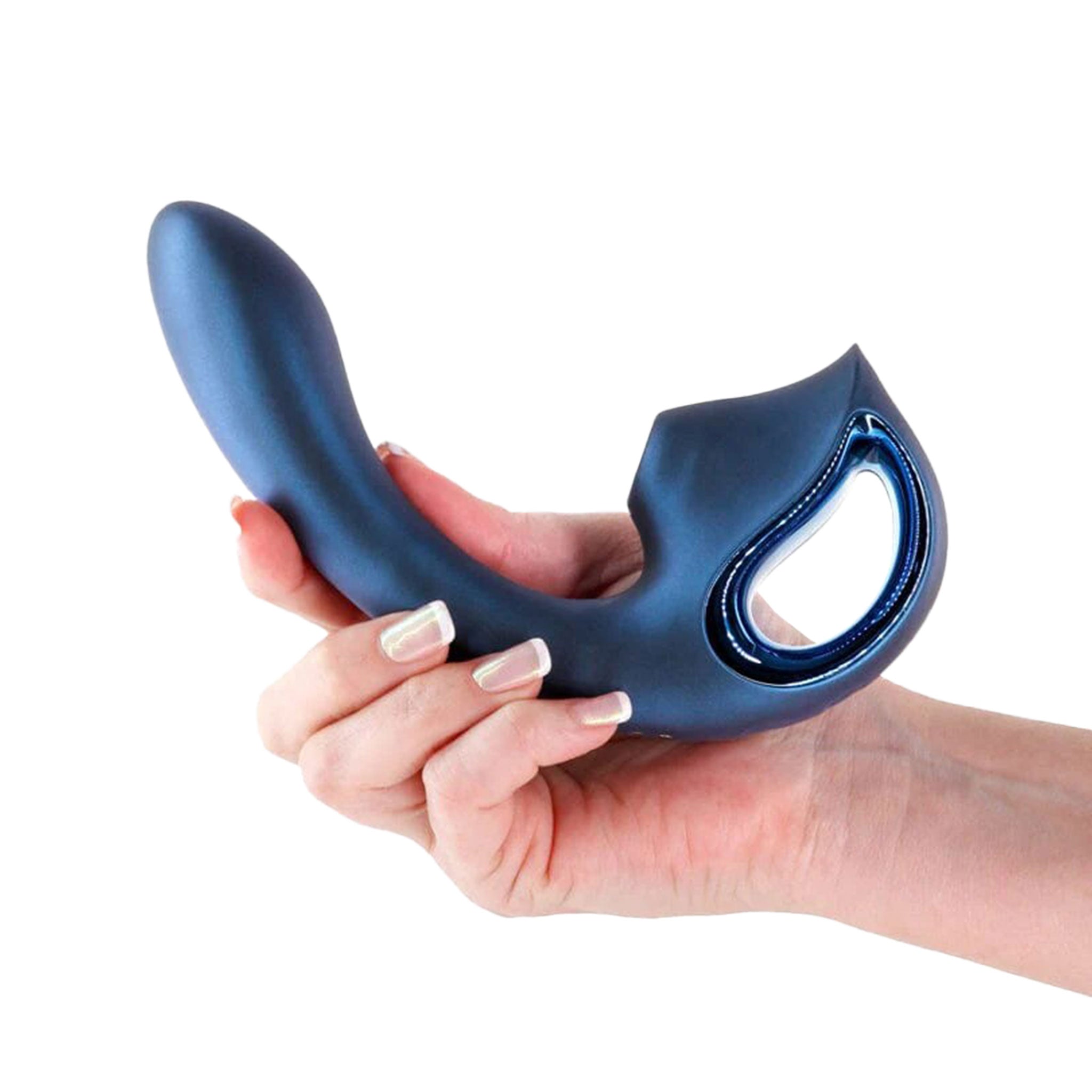 Air pulse clit stimulator g-spot vibrator metallic ergonomic ring handle flexible shaft blue