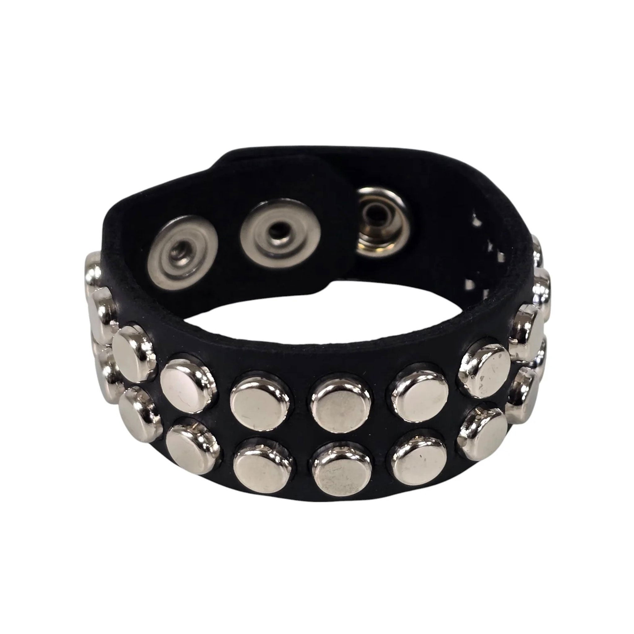 Leather genuine wrist cuff wristcuff wrist-cuff bracelet studs studded nail nail-head 2-row two-row snap-button press-button arm-gear accessories black