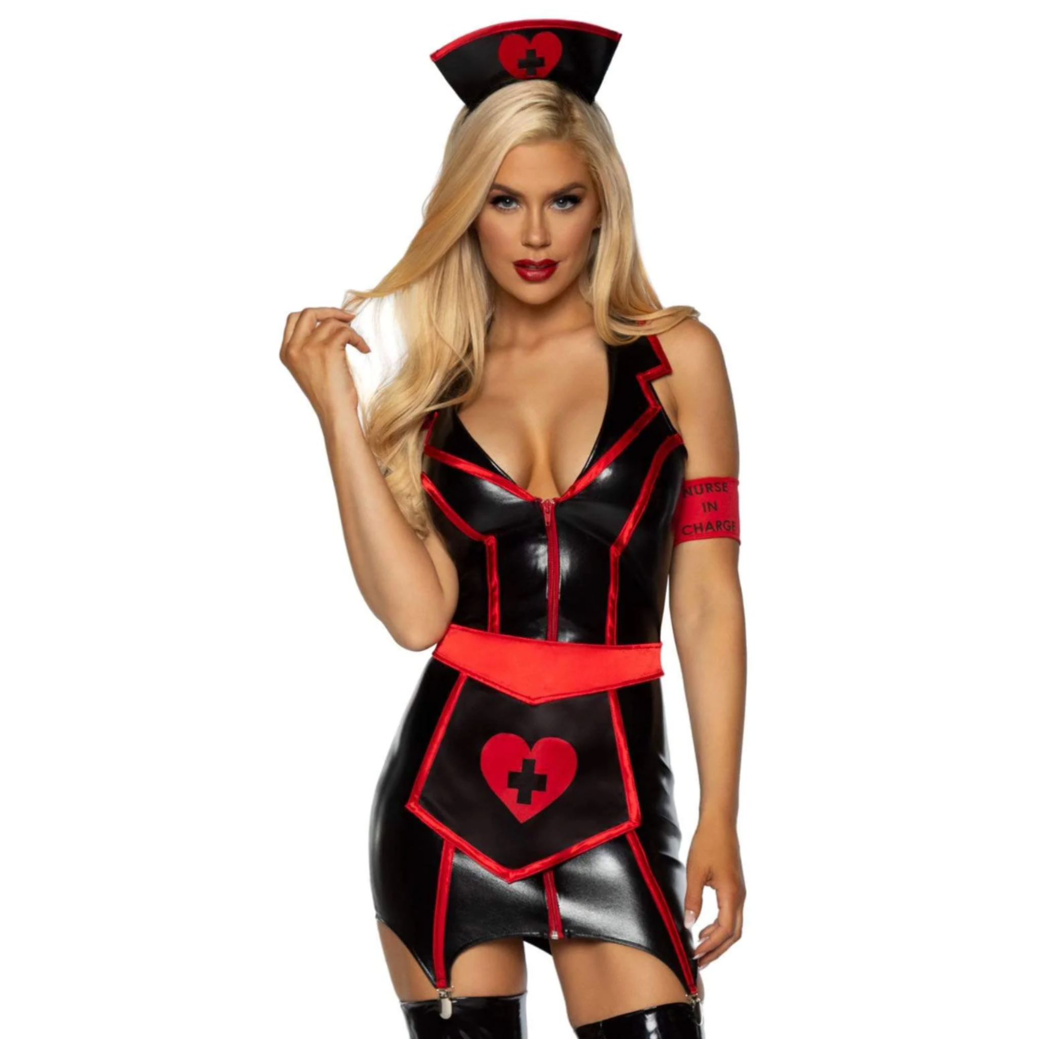 naughty nurse costume wet look garter dress heart apron armband nurse headpiece sexy halloween costume roleplay fetish factory