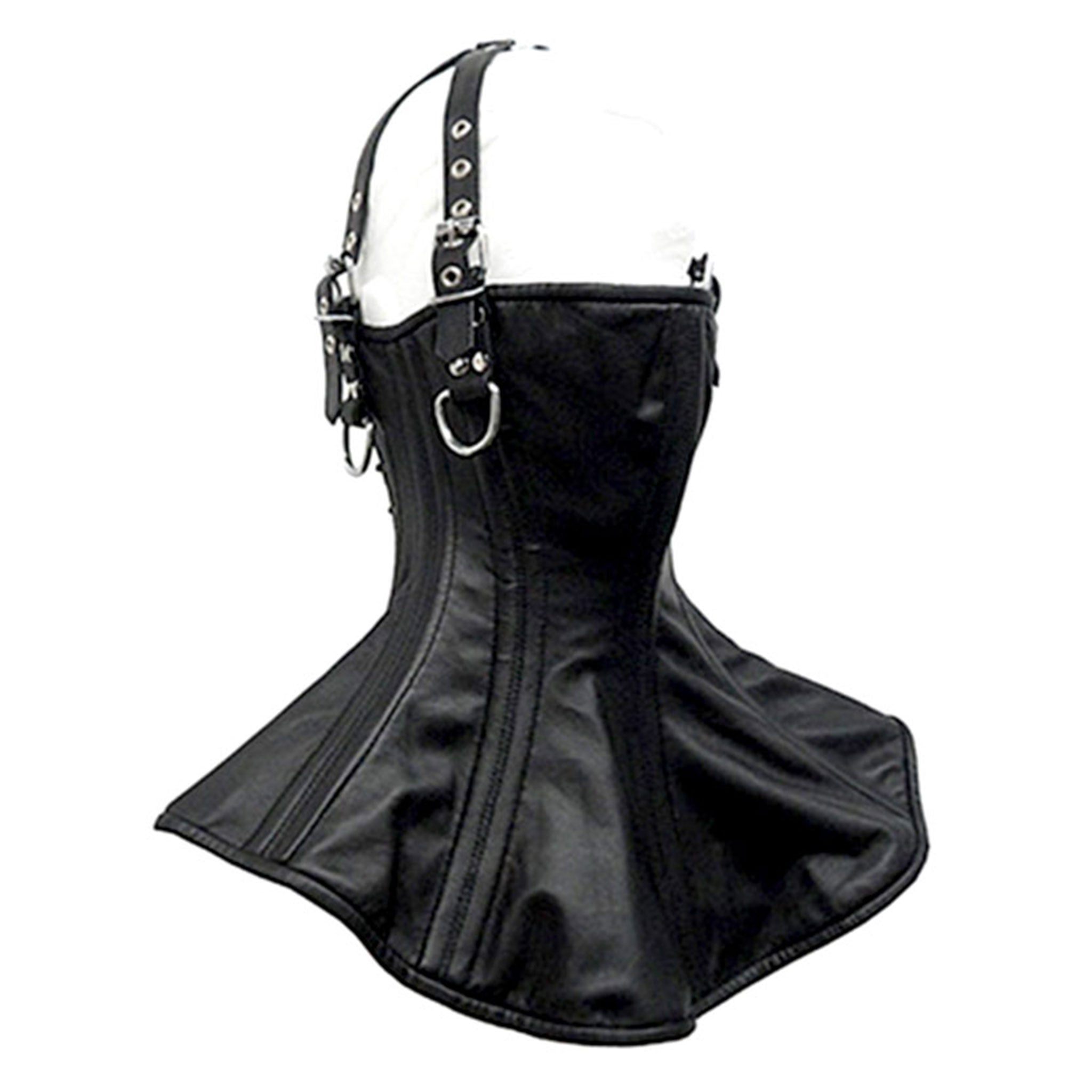 Leather genuine-leather nylon-cording cotton cotton-twill twill-lining accessories corset neck-corset laceup lace-up spiral-boning mouth-covering O-ring D-ring leash lead adjustable head-straps buckle bdsm bondage kink kinky kinky-play adult-toys black