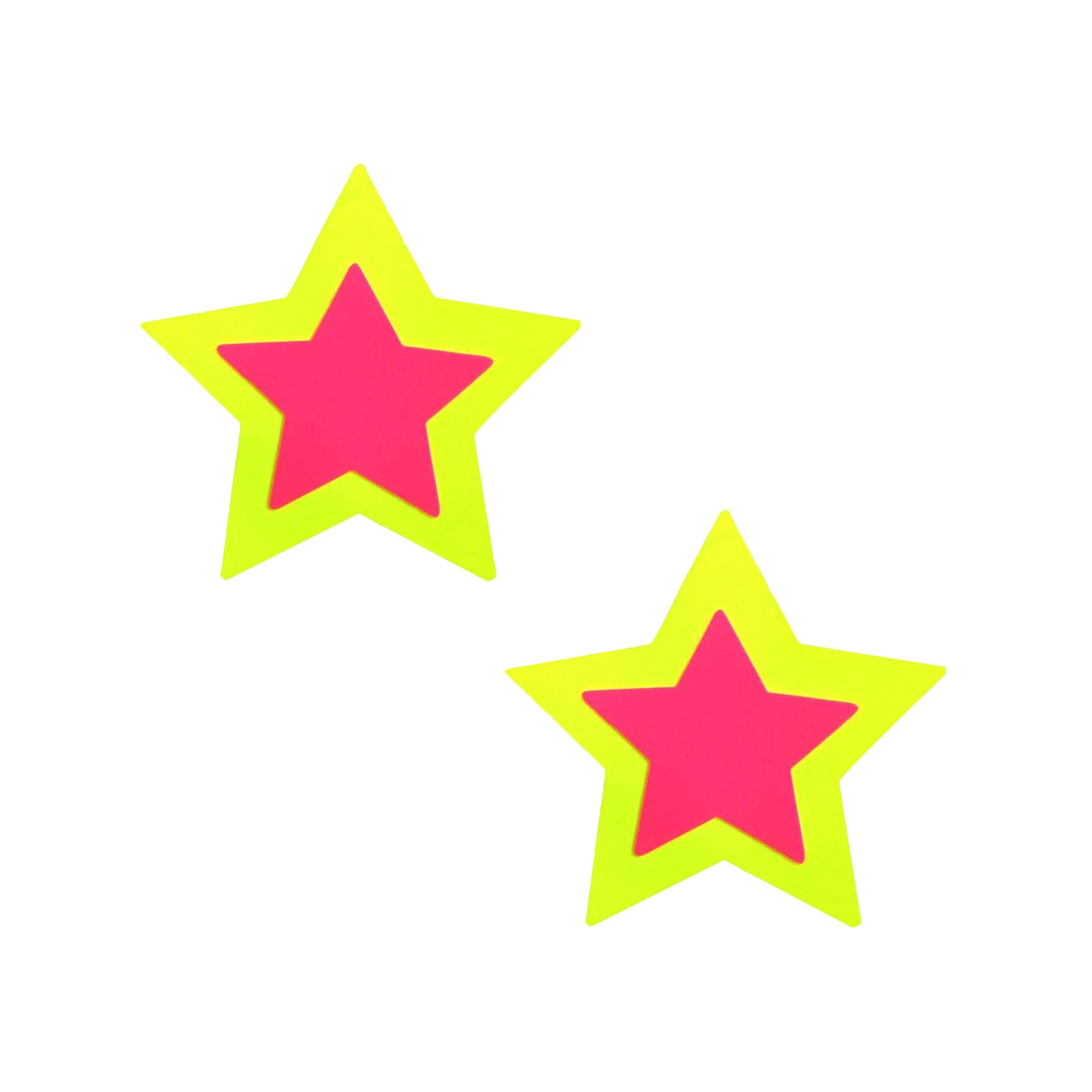 Swimsuit-material adhesive accessories intimates pasties nipple-pasties nipple-covers breast-petals breast-shields star star-shaped two-tone sexy blacklight-reactive uv-glow fashion alt-fashion alternative bedroom dungeon festival rave raver-babe kink kinky kinkwear costume cosplay halloween halloween-accessories double-starburst starry-night gifts female femme feminine womens yellow-pink