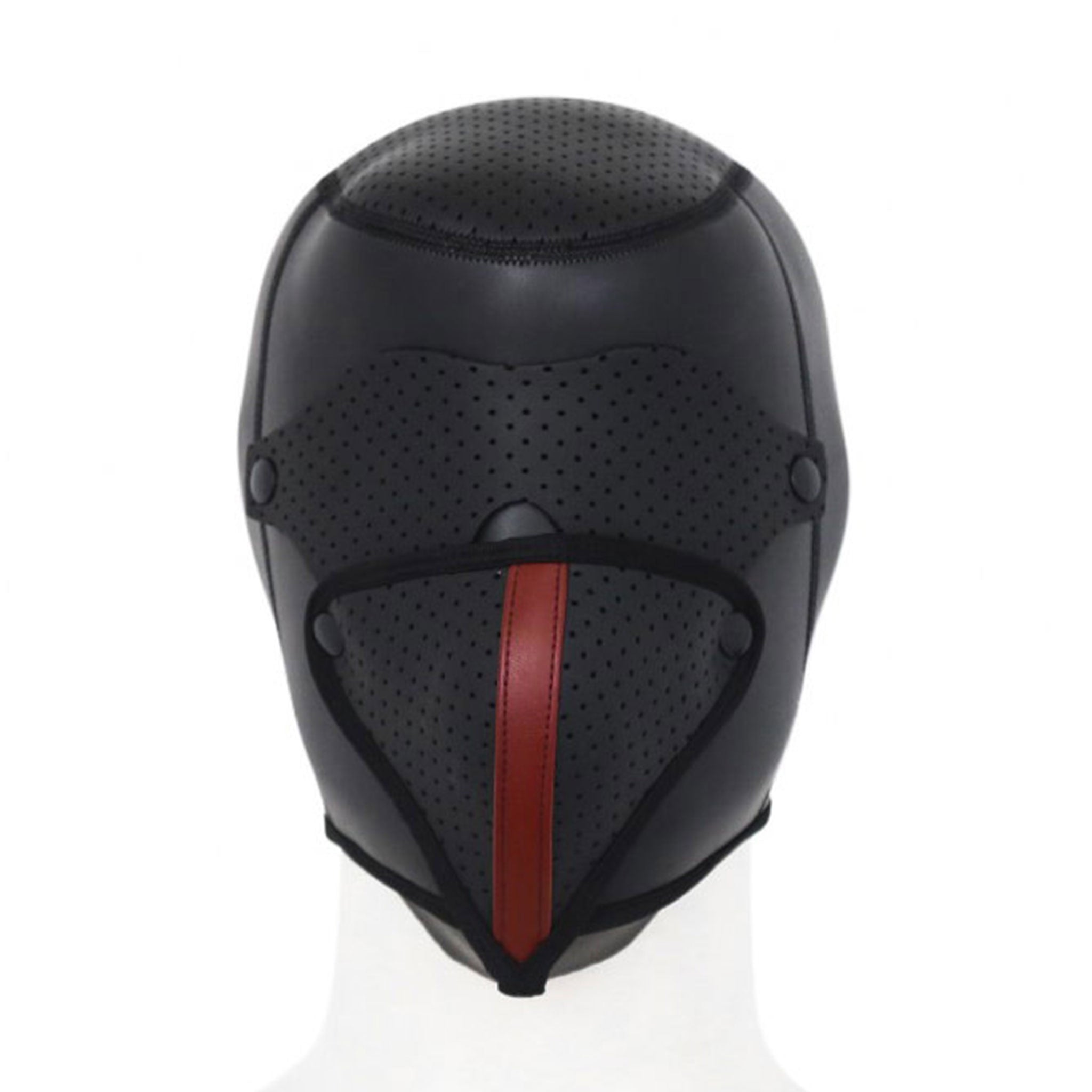Neoprene hood perforated sensory deprivation blindfold gag snap-button removable bondage bdsm bdsm-gear kink kinky kinky-play accessories black red