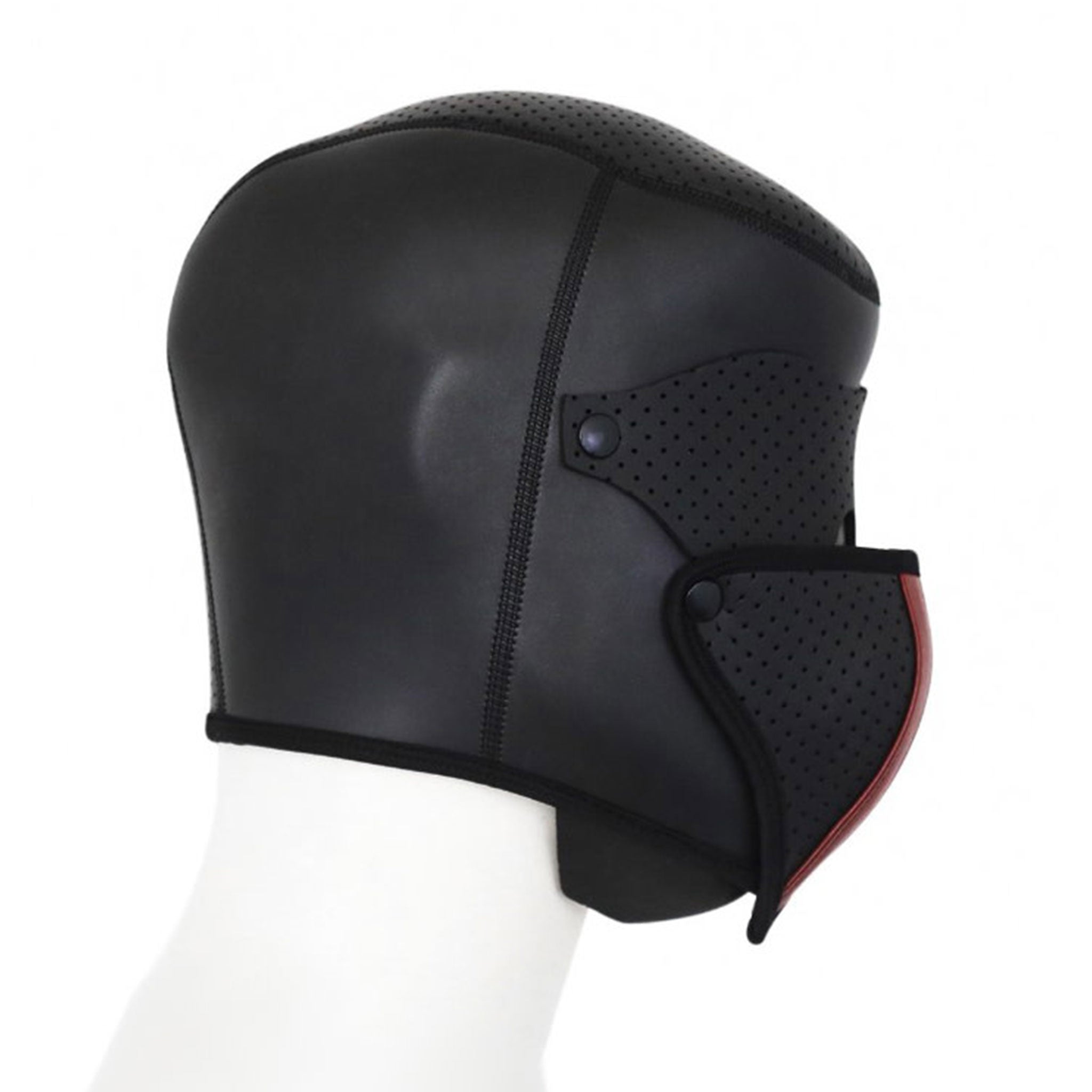 Neoprene hood perforated sensory deprivation blindfold gag snap-button removable bondage bdsm bdsm-gear kink kinky kinky-play accessories black red