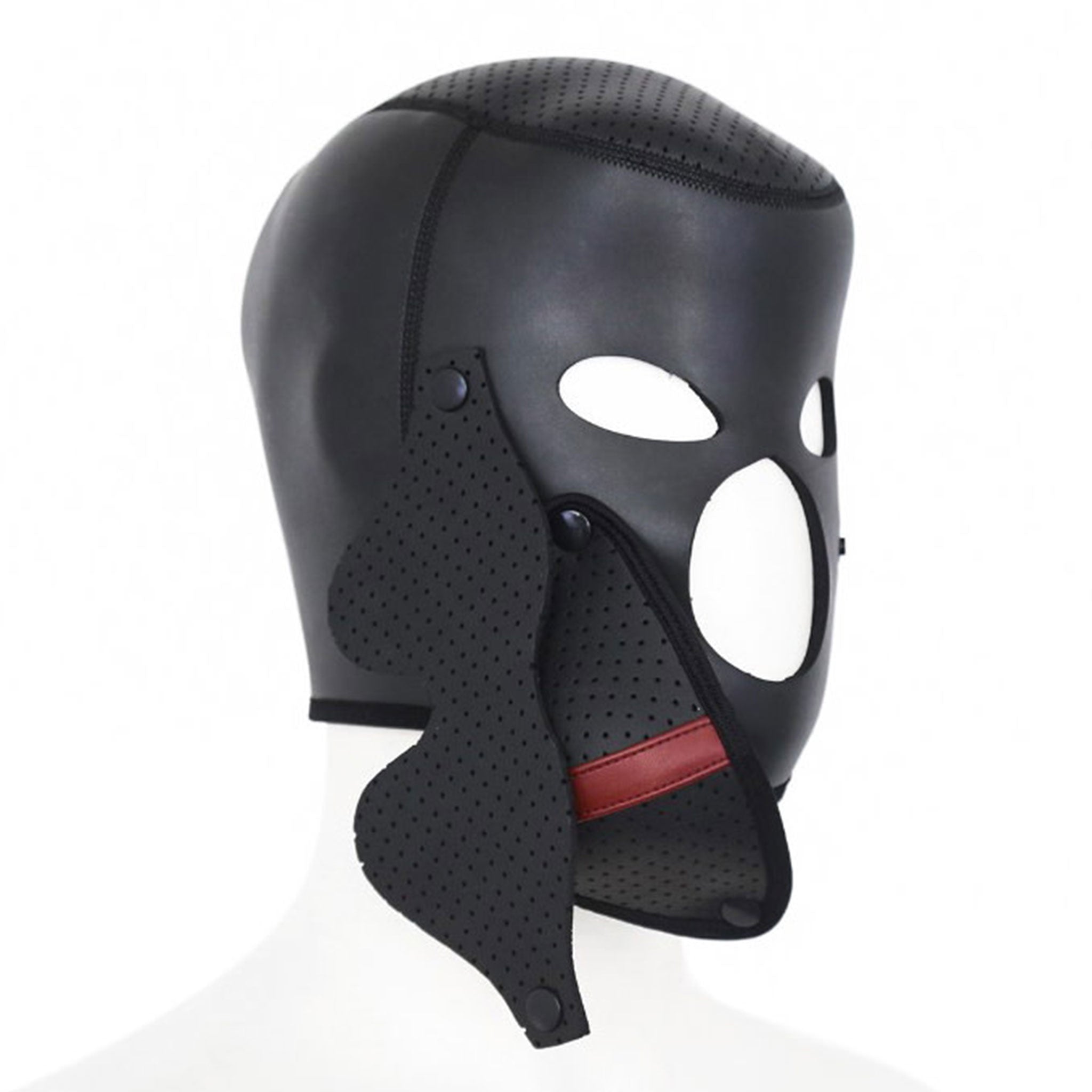 Neoprene hood perforated sensory deprivation blindfold gag snap-button removable bondage bdsm bdsm-gear kink kinky kinky-play accessories black red