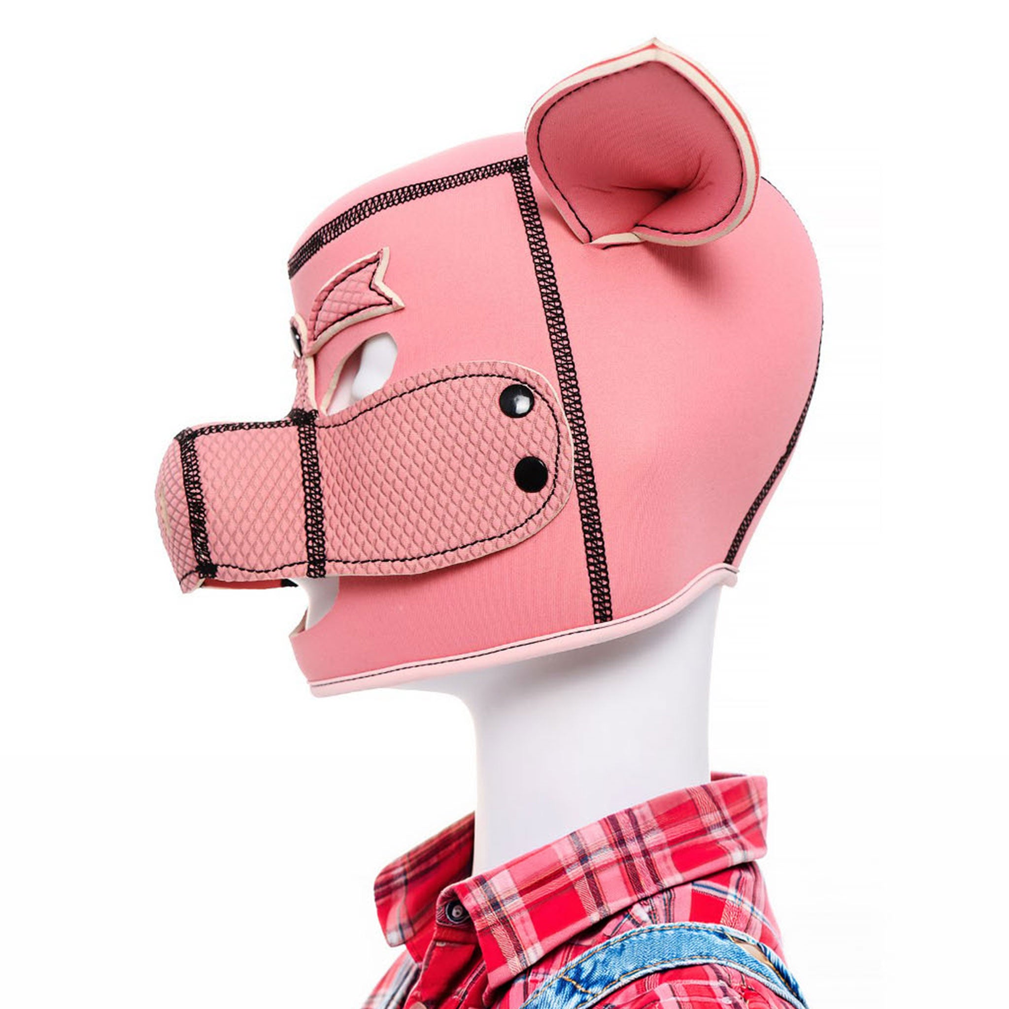 Neoprene accessories hood mask anatomical pig-headed poseable-ears removable-snout press-studs detachable textured soft durable bondage bdsm bdsm-gear bdsm-toys animals animal-play animal-farm pig piggy farm-play barnyard-play pet-play oink kink kinky kinky-play costume cosplay halloween halloween-couture furry yiff unisex pink 