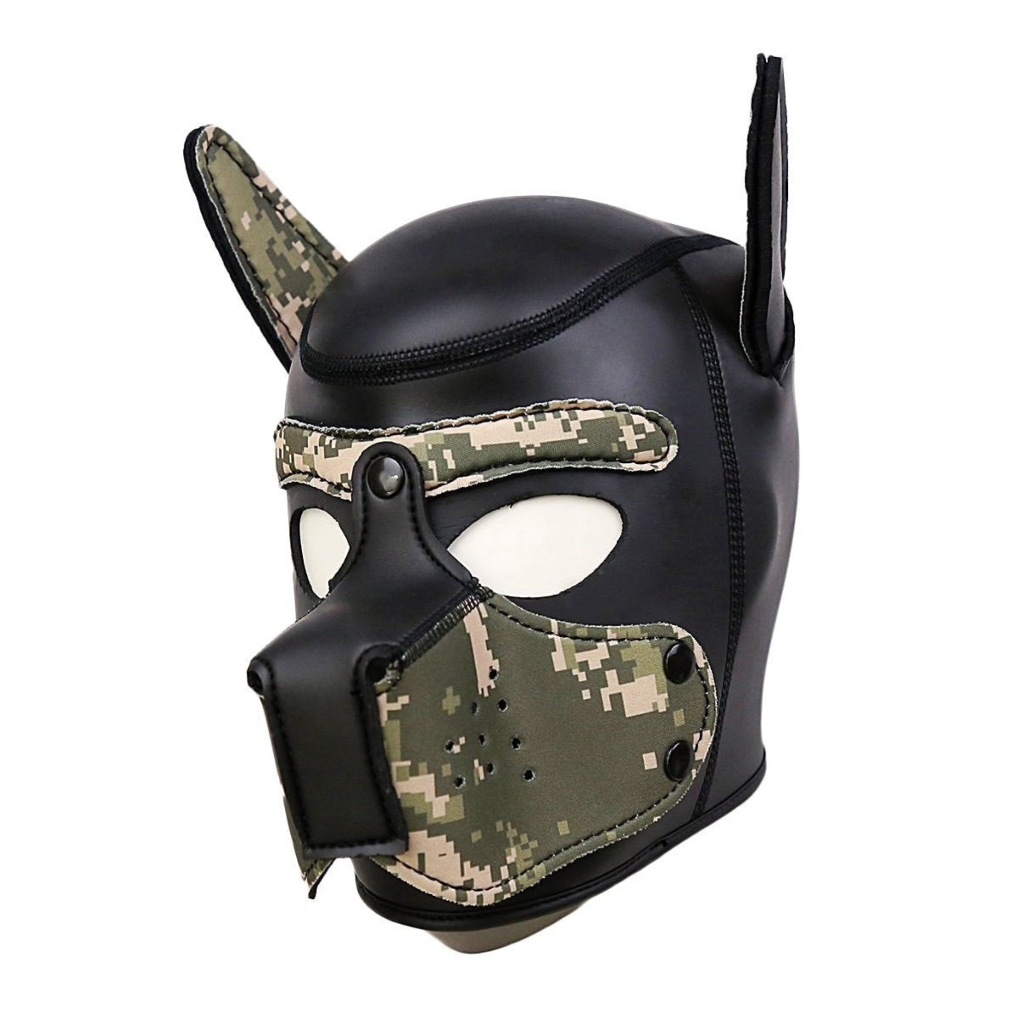 neoprene puppy hood poseable ears removable muzzle snap buttons eye openings lightweight hood cosplay fetish accessory puppy play mask comfortable slip on headwear alternative fashion
