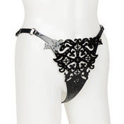 Leather patent-leather laser-cut black-pearl pearl satin-elastic apparel intimates bottoms lingerie panty panties string-panty adjustable double-face shiny glossy ornate fetish fashion alt-fashion alternative dress-up photo-shoot cyber cyberpunk goth gothic bondage bdsm bdsm-fashion kink kinky kinkwear costume cosplay halloween female femme feminine womens black