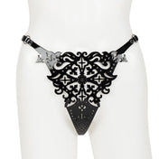 Leather patent-leather laser-cut black-pearl pearl satin-elastic apparel intimates bottoms lingerie panty panties string-panty adjustable double-face shiny glossy ornate fetish fashion alt-fashion alternative dress-up photo-shoot cyber cyberpunk goth gothic bondage bdsm bdsm-fashion kink kinky kinkwear costume cosplay halloween female femme feminine womens black