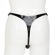 Leather patent-leather laser-cut black-pearl pearl satin-elastic apparel intimates bottoms lingerie panty panties string-panty adjustable double-face shiny glossy ornate fetish fashion alt-fashion alternative dress-up photo-shoot cyber cyberpunk goth gothic bondage bdsm bdsm-fashion kink kinky kinkwear costume cosplay halloween female femme feminine womens black