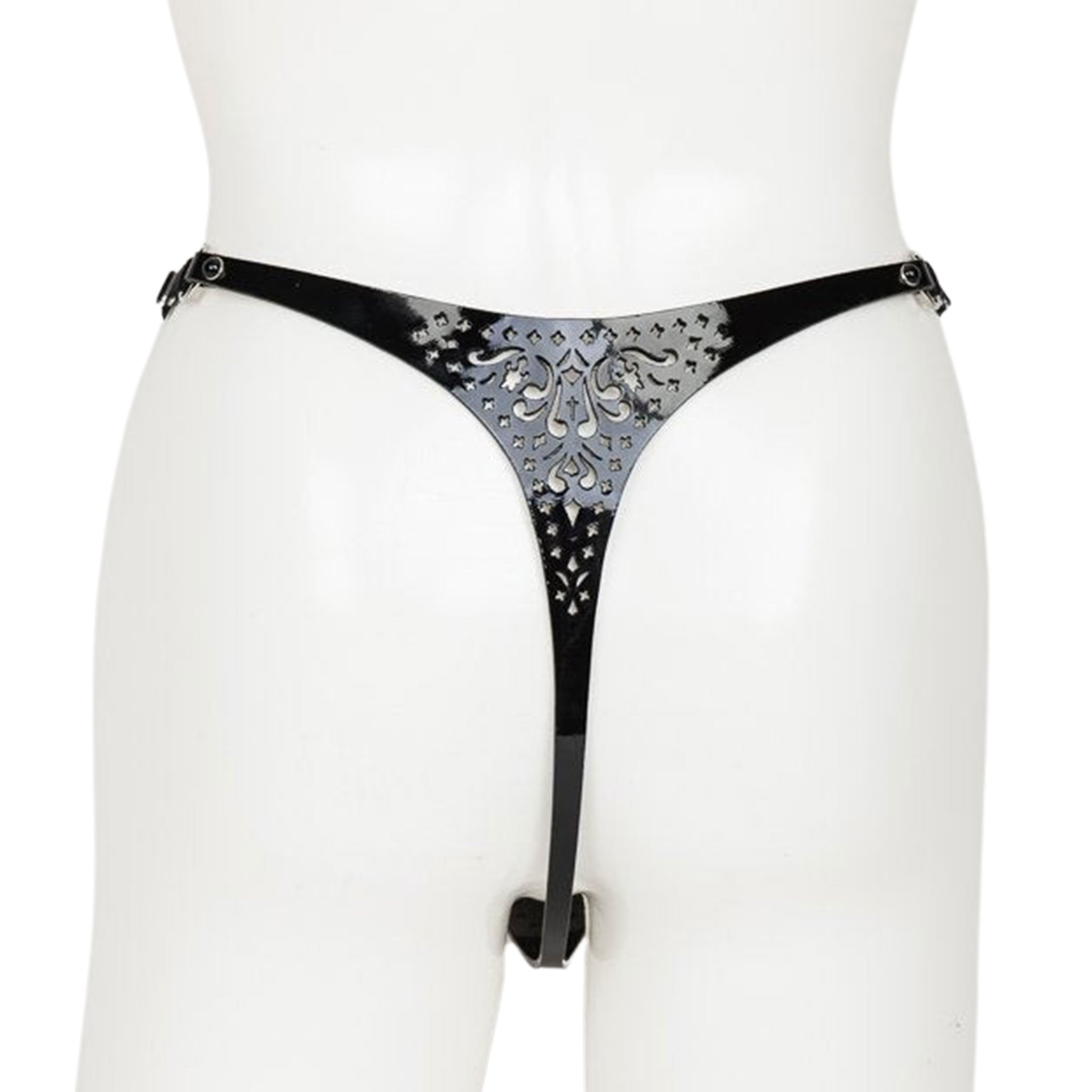 Leather patent-leather laser-cut black-pearl pearl satin-elastic apparel intimates bottoms lingerie panty panties string-panty adjustable double-face shiny glossy ornate fetish fashion alt-fashion alternative dress-up photo-shoot cyber cyberpunk goth gothic bondage bdsm bdsm-fashion kink kinky kinkwear costume cosplay halloween female femme feminine womens black