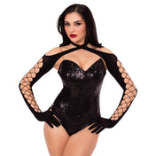 Nylon opaque fishnet fish-net fencenet fence-net accessories gloves shrug gloved-shrug cross-over crossover-shrug halter attached-gloves long long-gloves soft breathable seamless stretchy dramatic edgy sultry stylish mobility comfortable high-fashion daring fetish fashion ravewear bedroom lingerie layering clubwear costume cosplay halloween dancewear female femme feminine womens black