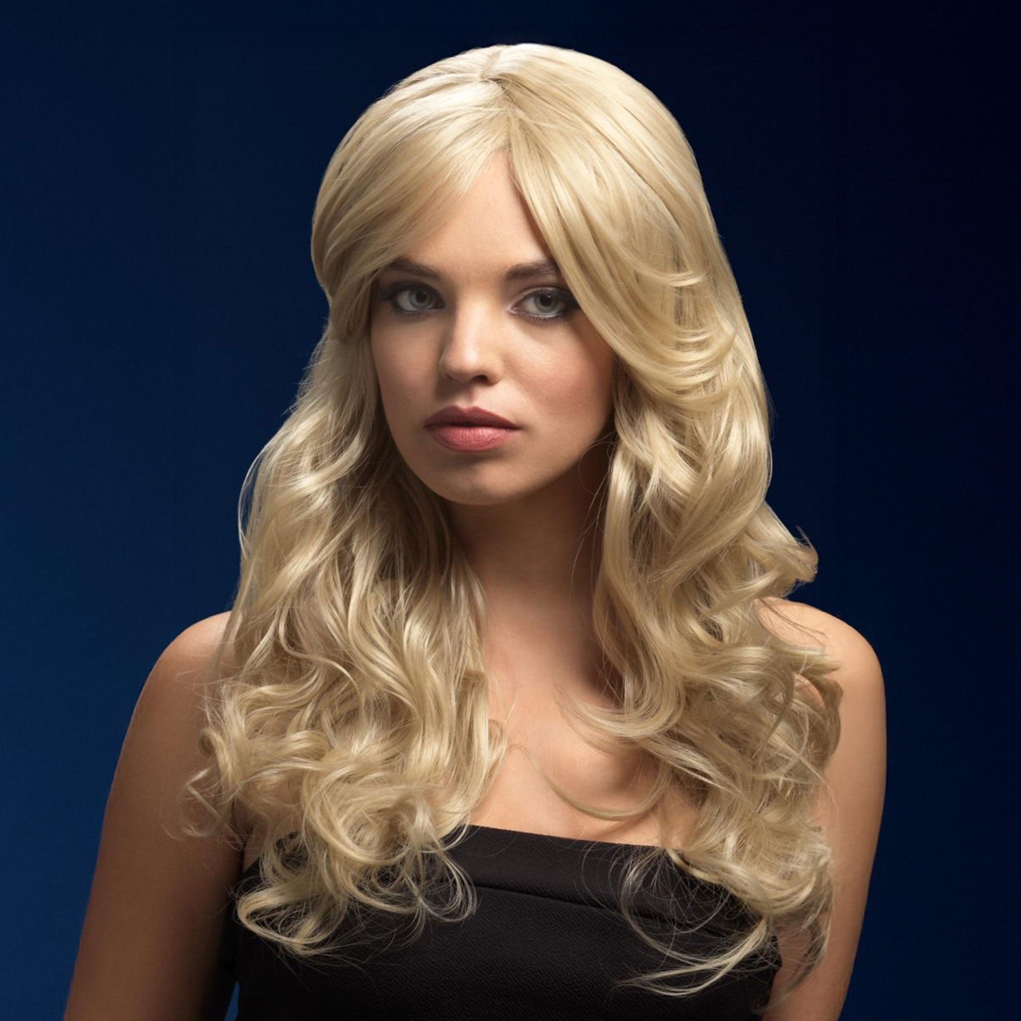 Synthetic-hair wig long soft-waves wavy side-part nicole adjustable wig-cap heat-resistant styled styleable professional realistic costume cosplay accessories halloween head-gear head gear dirty-blonde