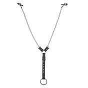 Leather faux-leather stainless-steel chain lightweight-chain Y-shape cock cock-ring cockring cnb cbt nipple nipple-play rubber-tipped adjustable nipple-clamps O-ring D-ring bdsm bondage sadism masochism kin kinky kinky-toys kinky-play bdsm-toys sensory-play sensation adult-toys male masculine masc mens penis black silver
