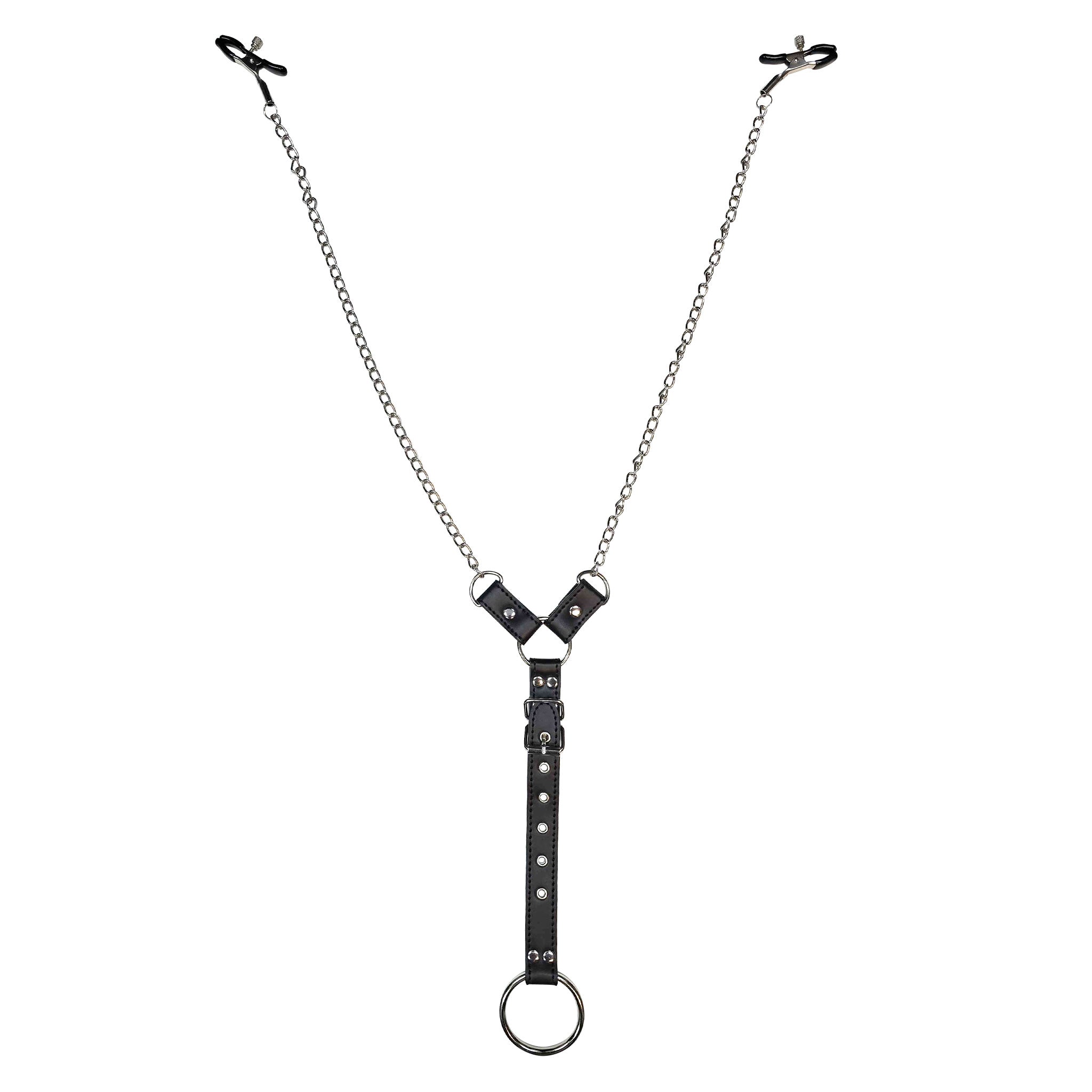 Leather faux-leather stainless-steel chain lightweight-chain Y-shape cock cock-ring cockring cnb cbt nipple nipple-play rubber-tipped adjustable nipple-clamps O-ring D-ring bdsm bondage sadism masochism kin kinky kinky-toys kinky-play bdsm-toys sensory-play sensation adult-toys male masculine masc mens penis black silver
