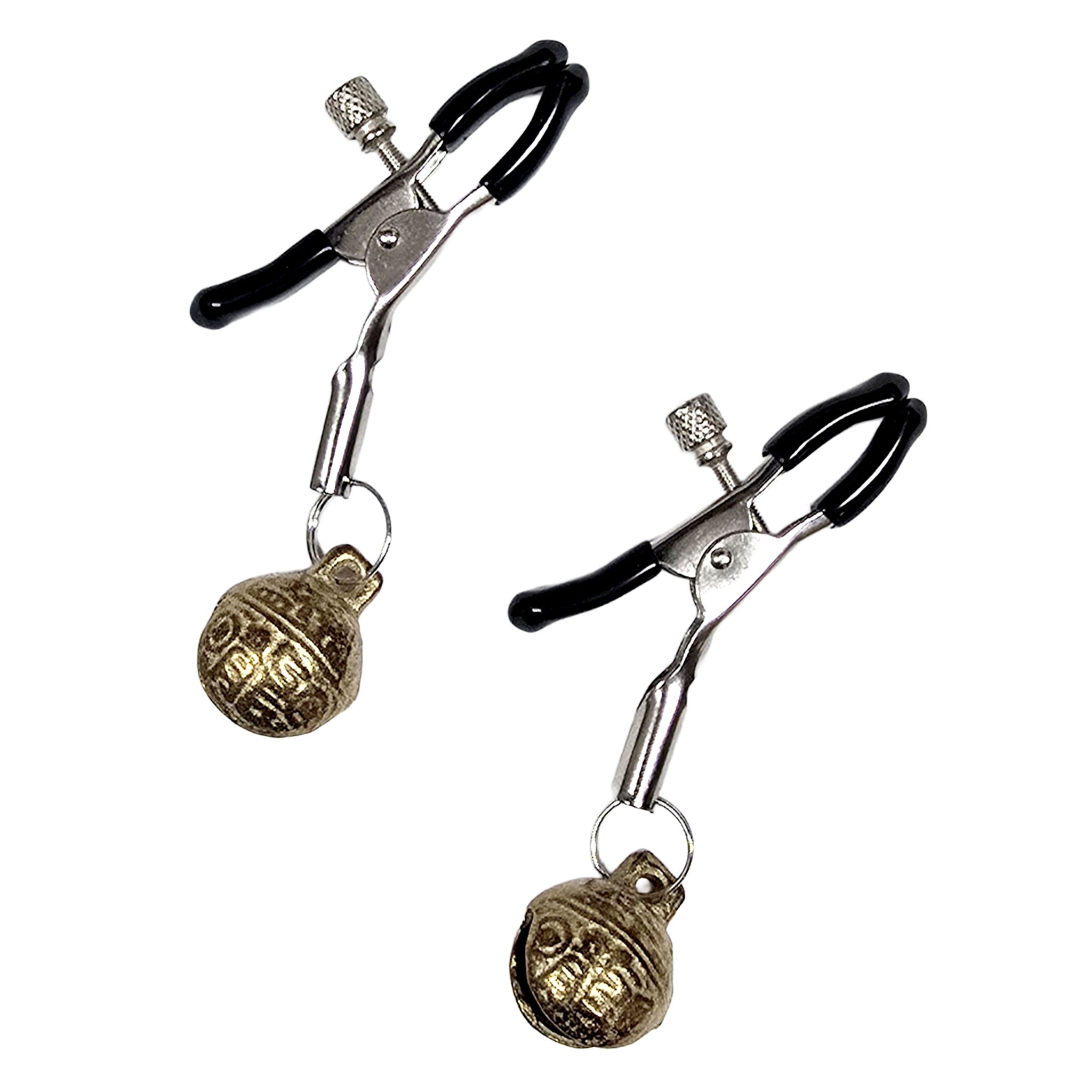 Ancient-brass rubber rubber-tips metallic-body accessories nipple-clamps nipple-play jingle-bells brass-bells molded-bells hanging-bells adjustable tension-screw noisy noise bondage bdsm bdsm-toys bdsm-play kink kinky kinky-play kinky-toys sub submissive stocking-stuffers gifts adult-toys unisex silver brass ancient-brass