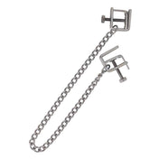 Stainless-steel metallic-chain accessories clamps nipple-clamps C-clamp open-press nipple nipple-play thumbscrew thumb-screw fine-threaded adjustable connecting-chain removable teasing precise durable smooth customizable fetish fashion alt-fashion bedroom dungeon bondage bdsm bdsm-toys restraints kink kinky kinky-toys kinky-play sensory-play pinching pressure pain punishment stocking-stuffers gifts adult-toys unisex silver