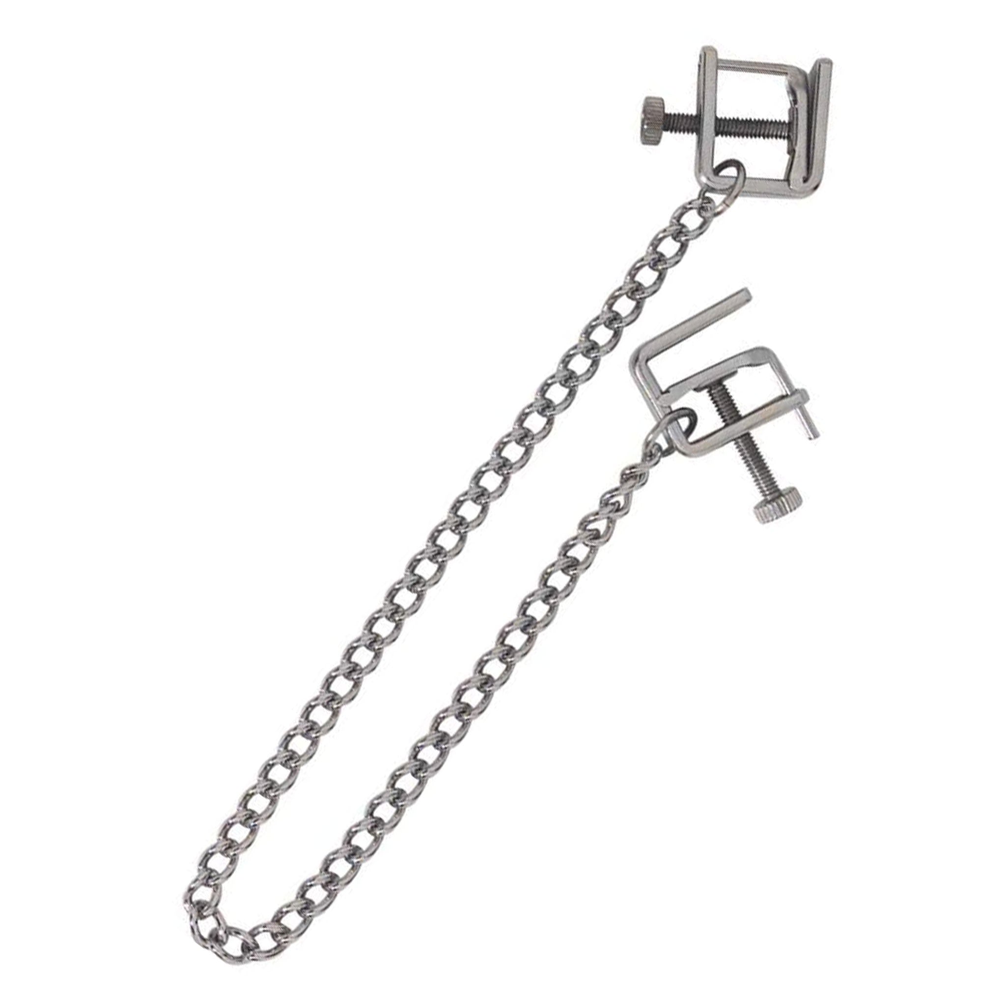Stainless-steel metallic-chain accessories clamps nipple-clamps C-clamp open-press nipple nipple-play thumbscrew thumb-screw fine-threaded adjustable connecting-chain removable teasing precise durable smooth customizable fetish fashion alt-fashion bedroom dungeon bondage bdsm bdsm-toys restraints kink kinky kinky-toys kinky-play sensory-play pinching pressure pain punishment stocking-stuffers gifts adult-toys unisex silver