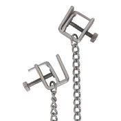 Stainless-steel metallic-chain accessories clamps nipple-clamps C-clamp open-press nipple nipple-play thumbscrew thumb-screw fine-threaded adjustable connecting-chain removable teasing precise durable smooth customizable fetish fashion alt-fashion bedroom dungeon bondage bdsm bdsm-toys restraints kink kinky kinky-toys kinky-play sensory-play pinching pressure pain punishment stocking-stuffers gifts adult-toys unisex silver
