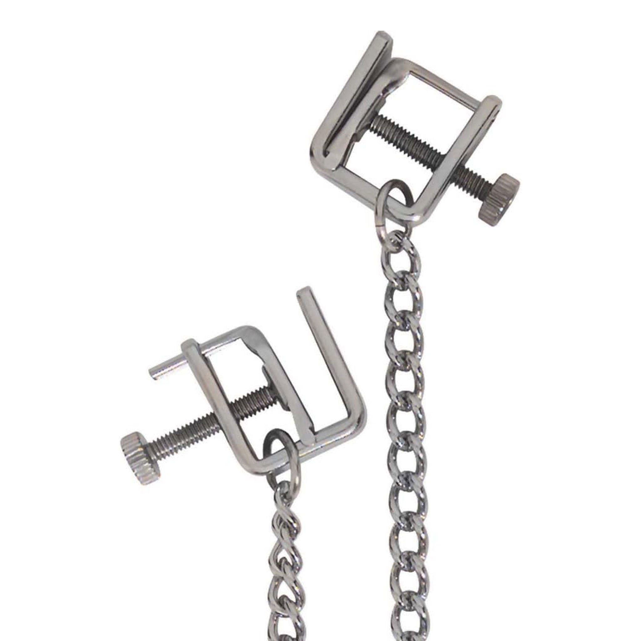 Stainless-steel metallic-chain accessories clamps nipple-clamps C-clamp open-press nipple nipple-play thumbscrew thumb-screw fine-threaded adjustable connecting-chain removable teasing precise durable smooth customizable fetish fashion alt-fashion bedroom dungeon bondage bdsm bdsm-toys restraints kink kinky kinky-toys kinky-play sensory-play pinching pressure pain punishment stocking-stuffers gifts adult-toys unisex silver