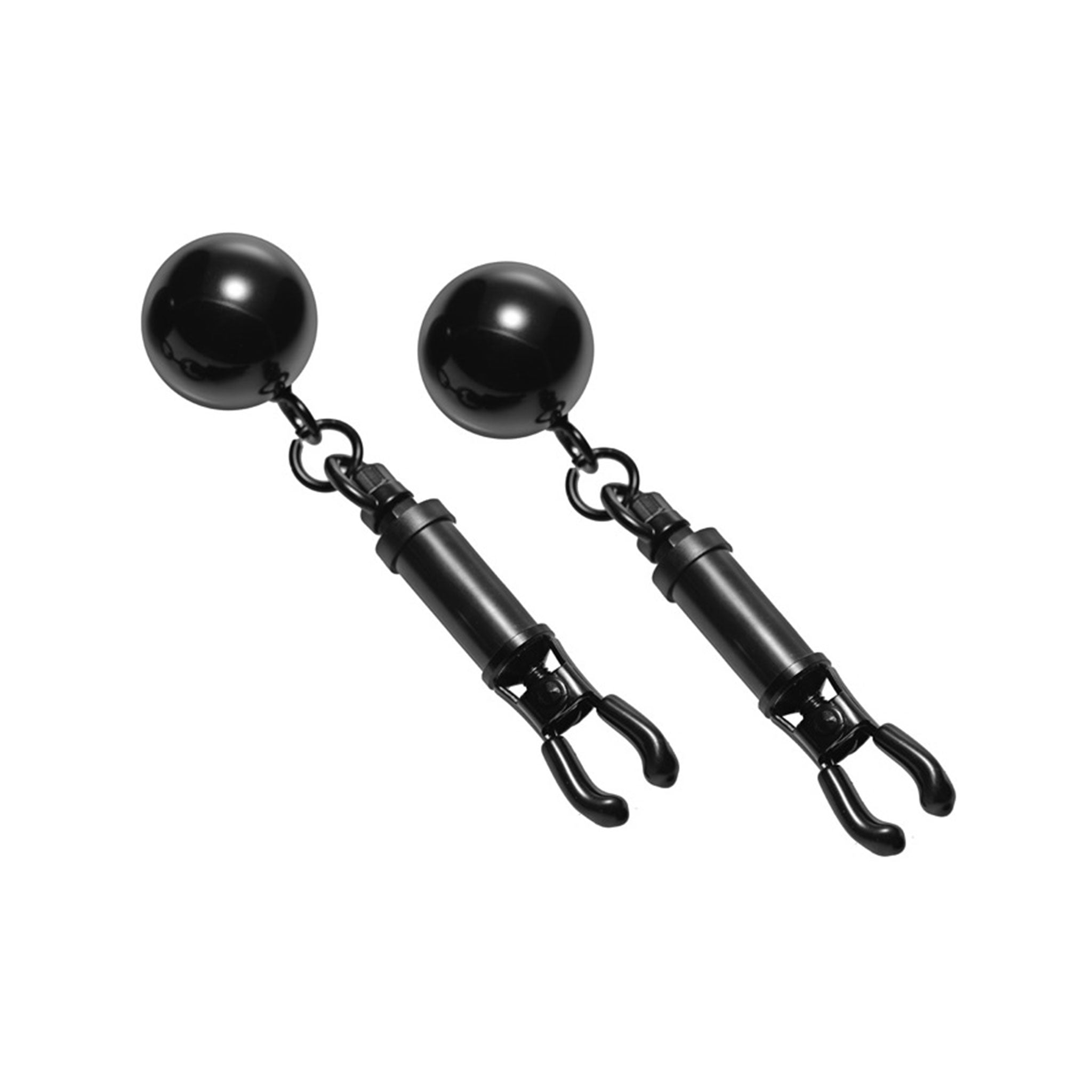 Brass vinyl coated nipple clamps clamp barrel bomber twisting twist adjustable ball-weight pinch pressure weight dangle bondage bdsm bdsm-play bdsm-gear nipple-play kink kinky kinky-play adult-toys black