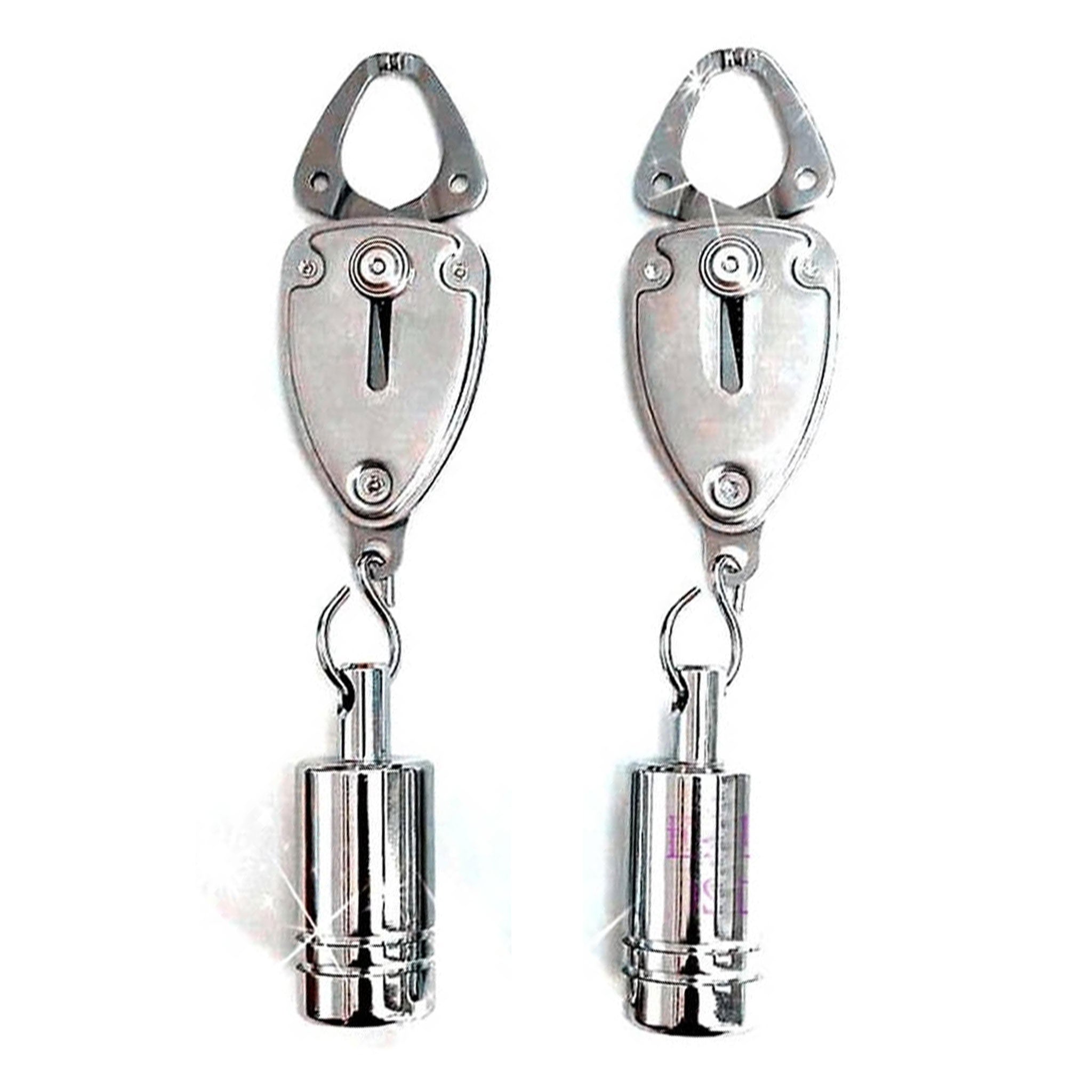 Stainless-steel clamps tuggers weights weighted enclosed angelfish angel-fish push-spring removable cylinder cylindrical removable bondage bdsm bdsm-gear bdsm-toys sadism masochism sadomasochism kink kinky kinky-play sensory sensory-play nipple nipple-play gifts stocking-stuffers valentines be-mine unisex adult-toys silver 