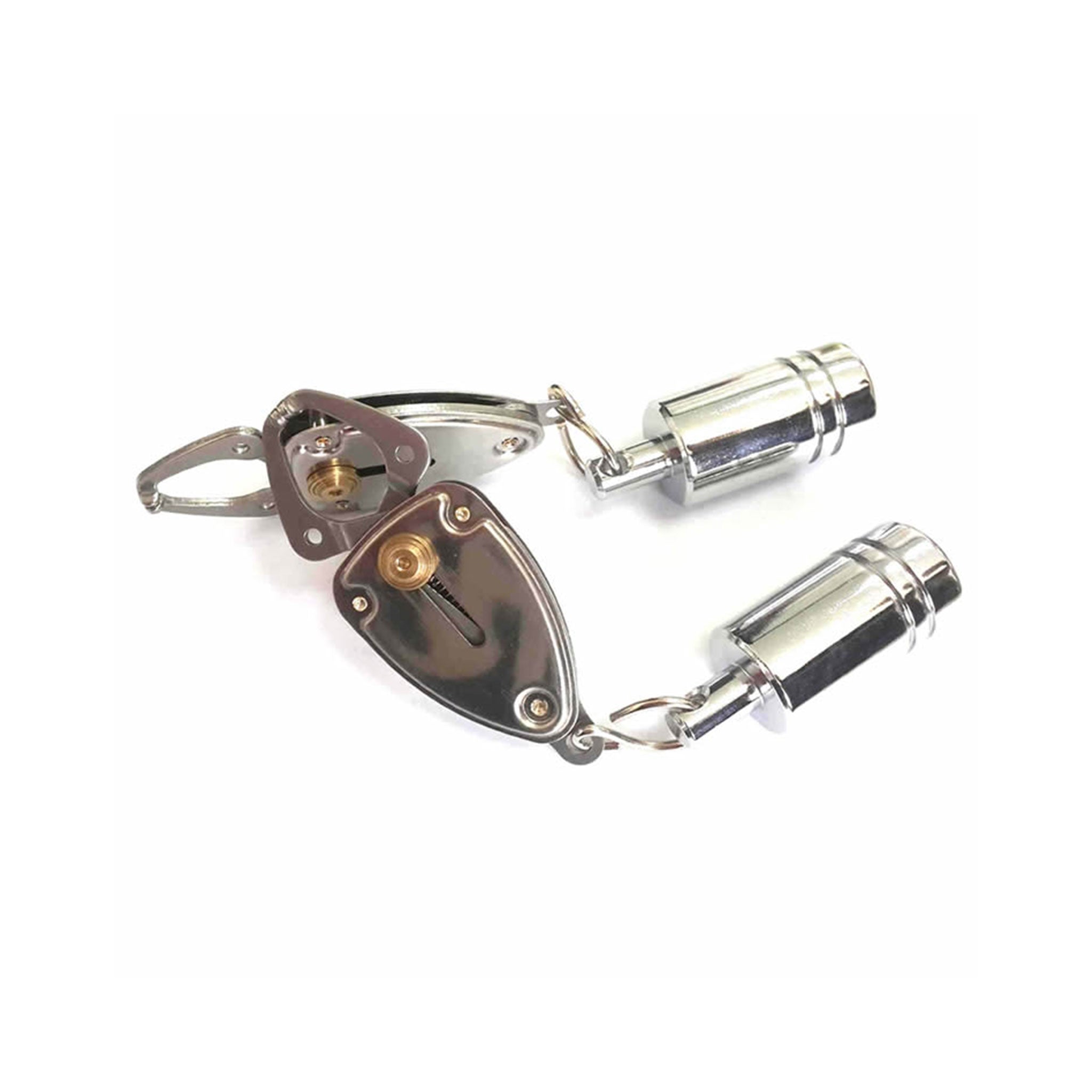 Stainless-steel clamps tuggers weights weighted enclosed angelfish angel-fish push-spring removable cylinder cylindrical removable bondage bdsm bdsm-gear bdsm-toys sadism masochism sadomasochism kink kinky kinky-play sensory sensory-play nipple nipple-play gifts stocking-stuffers valentines be-mine unisex adult-toys silver 