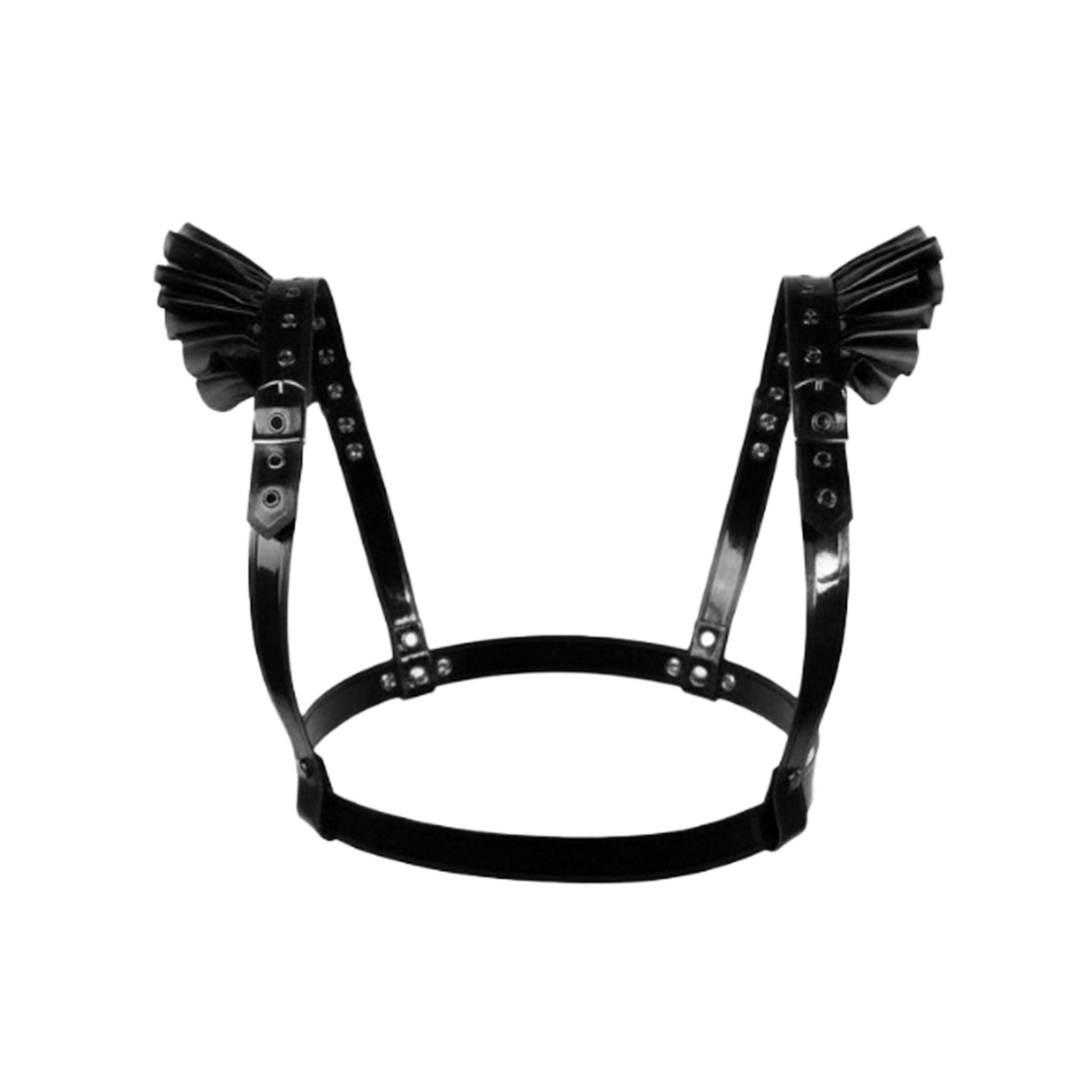Latex rubber accessories top harness chest-harness frills frilled frilly frilled-shoulders ruffles ruffled-shoulders sleeveless adjustable buckle contoured layered layering layerable structured fetish fashion alt-fashion fetishwear bondage bdsm bdsm-fashion kink kinky kinkwear female femme feminine womens black