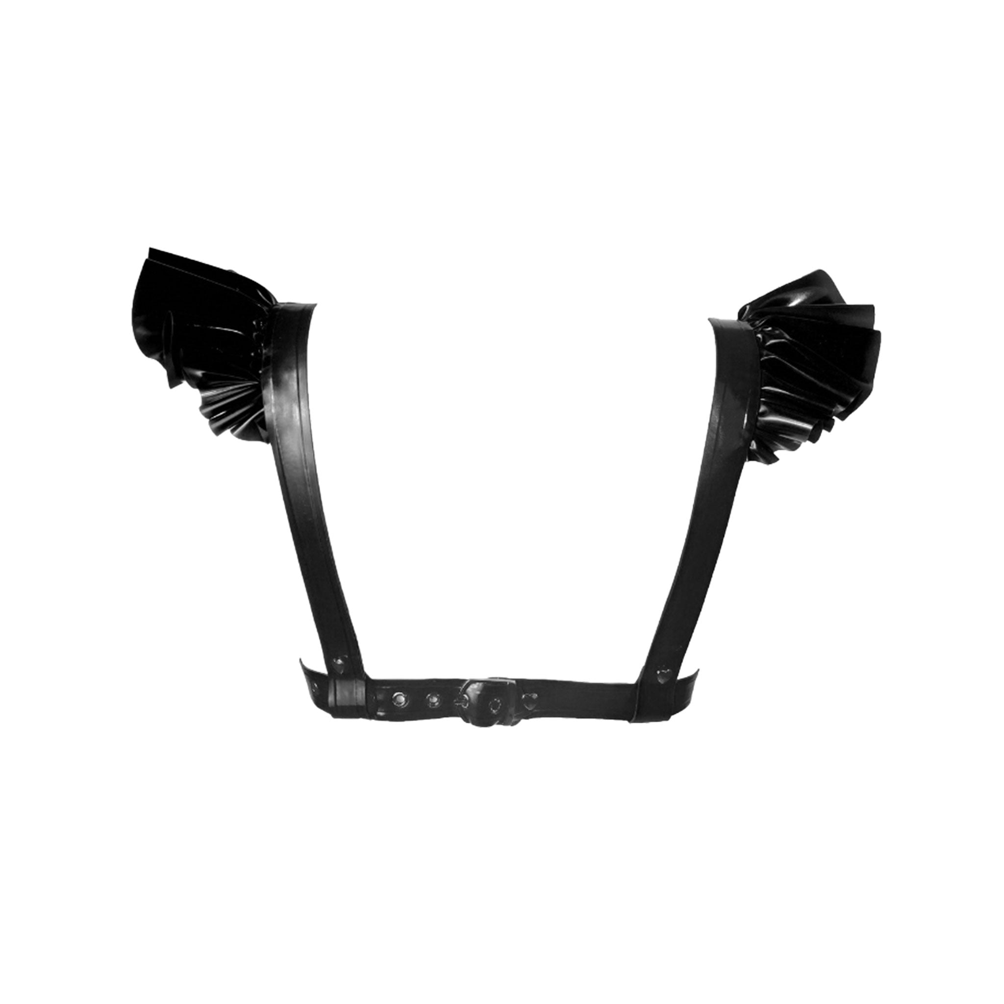 Latex rubber accessories top harness chest-harness frills frilled frilly frilled-shoulders ruffles ruffled-shoulders sleeveless adjustable buckle contoured layered layering layerable structured fetish fashion alt-fashion fetishwear bondage bdsm bdsm-fashion kink kinky kinkwear female femme feminine womens black