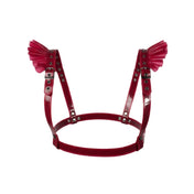 Latex rubber accessories top harness chest-harness frills frilled frilly frilled-shoulders ruffles ruffled-shoulders sleeveless adjustable buckle contoured layered layering layerable structured fetish fashion alt-fashion fetishwear bondage bdsm bdsm-fashion kink kinky kinkwear female femme feminine womens blood-red red