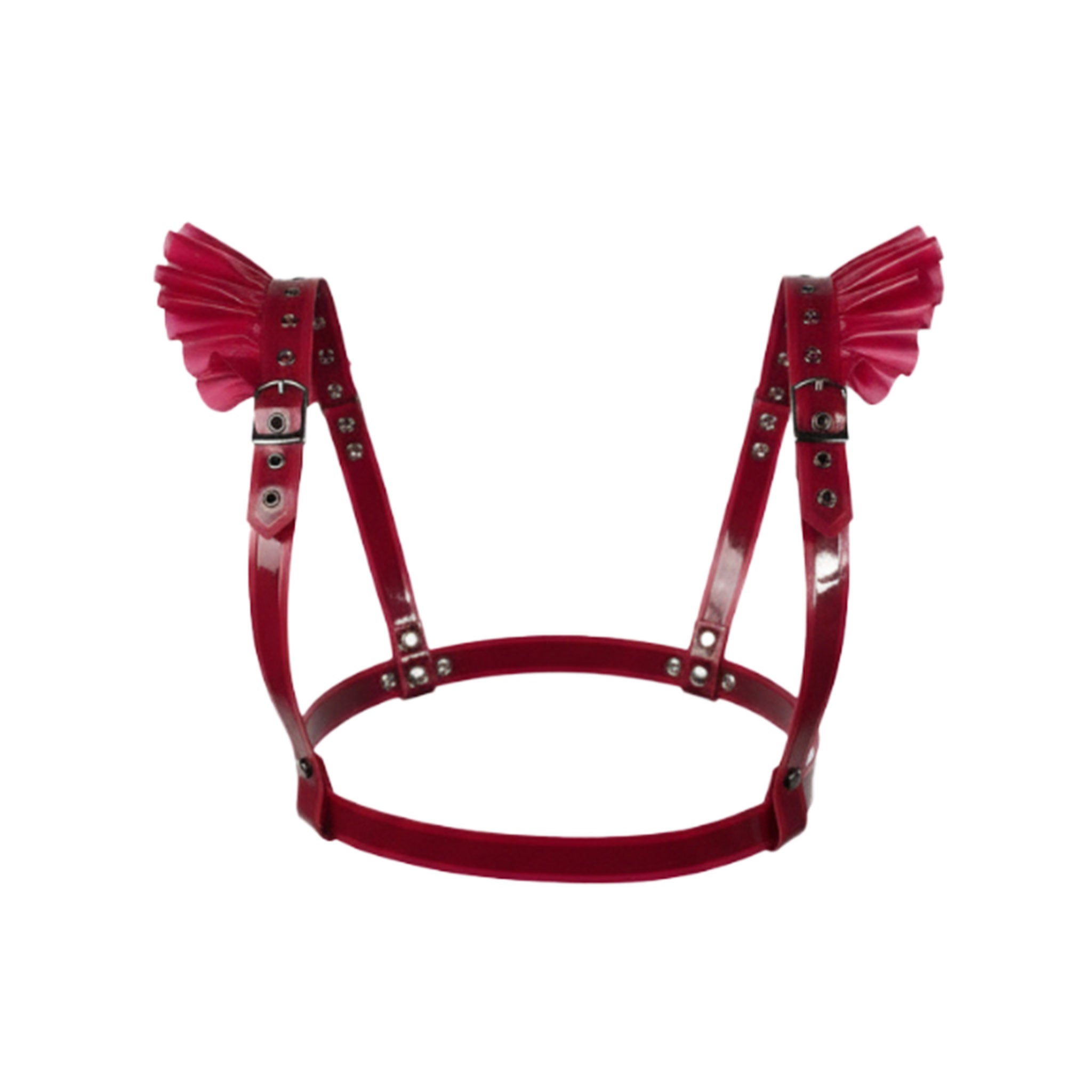 Latex rubber accessories top harness chest-harness frills frilled frilly frilled-shoulders ruffles ruffled-shoulders sleeveless adjustable buckle contoured layered layering layerable structured fetish fashion alt-fashion fetishwear bondage bdsm bdsm-fashion kink kinky kinkwear female femme feminine womens blood-red red