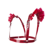 Latex rubber accessories top harness chest-harness frills frilled frilly frilled-shoulders ruffles ruffled-shoulders sleeveless adjustable buckle contoured layered layering layerable structured fetish fashion alt-fashion fetishwear bondage bdsm bdsm-fashion kink kinky kinkwear female femme feminine womens blood-red red