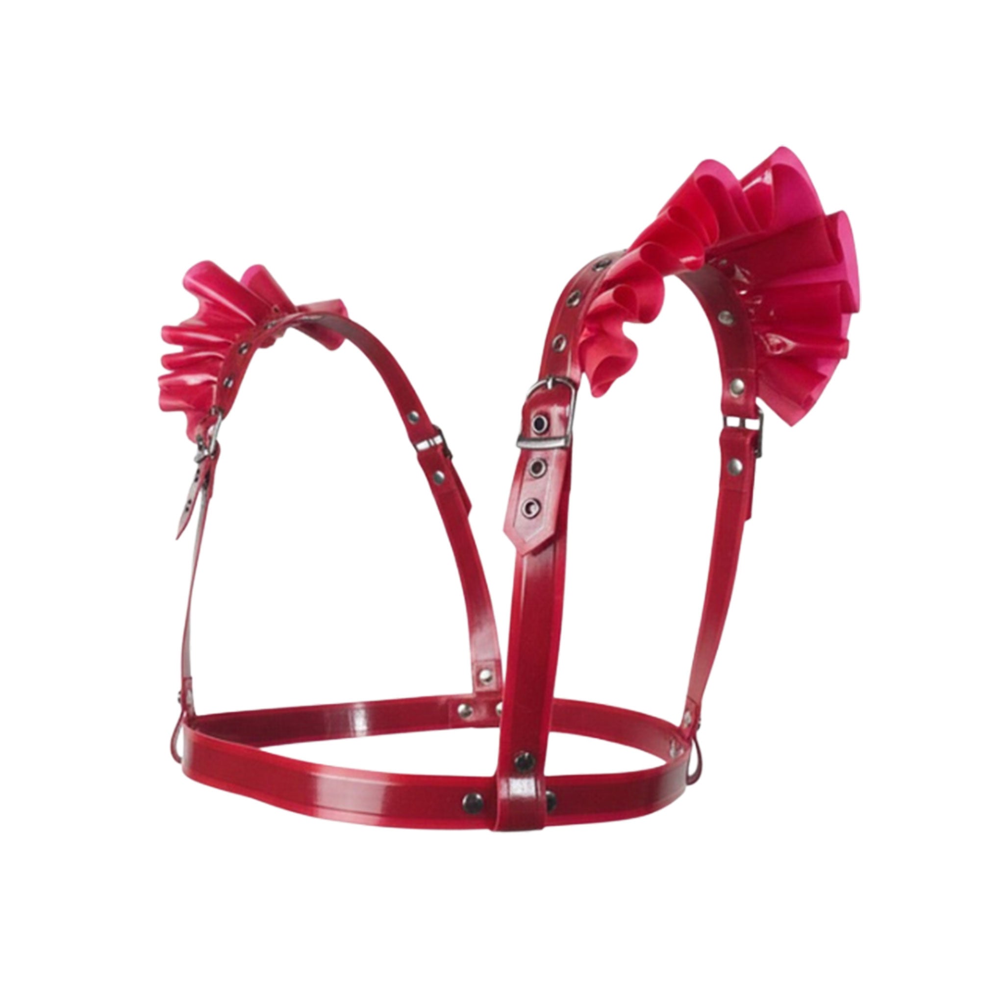 Latex rubber accessories top harness chest-harness frills frilled frilly frilled-shoulders ruffles ruffled-shoulders sleeveless adjustable buckle contoured layered layering layerable structured fetish fashion alt-fashion fetishwear bondage bdsm bdsm-fashion kink kinky kinkwear female femme feminine womens blood-red red