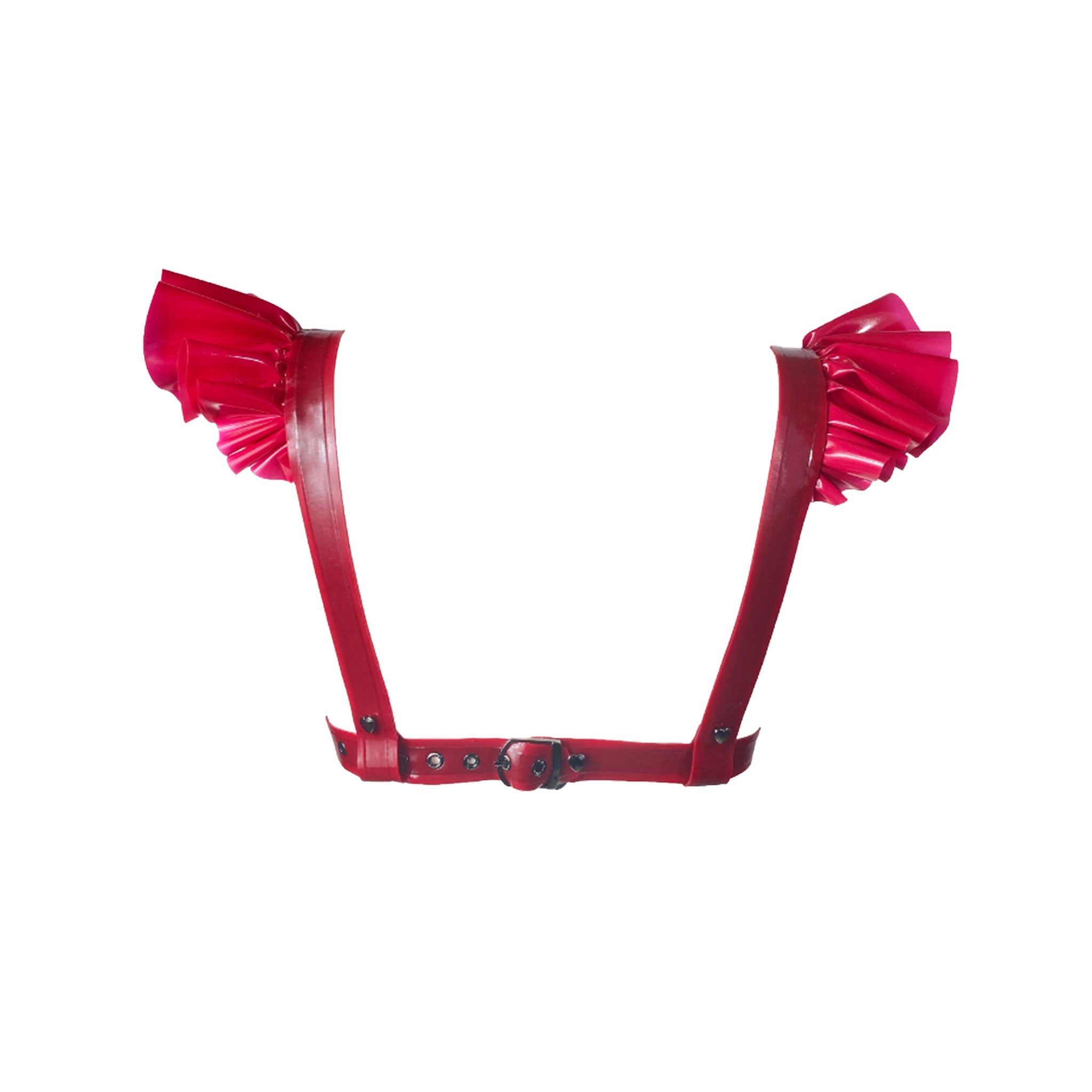 Latex rubber accessories top harness chest-harness frills frilled frilly frilled-shoulders ruffles ruffled-shoulders sleeveless adjustable buckle contoured layered layering layerable structured fetish fashion alt-fashion fetishwear bondage bdsm bdsm-fashion kink kinky kinkwear female femme feminine womens blood-red red