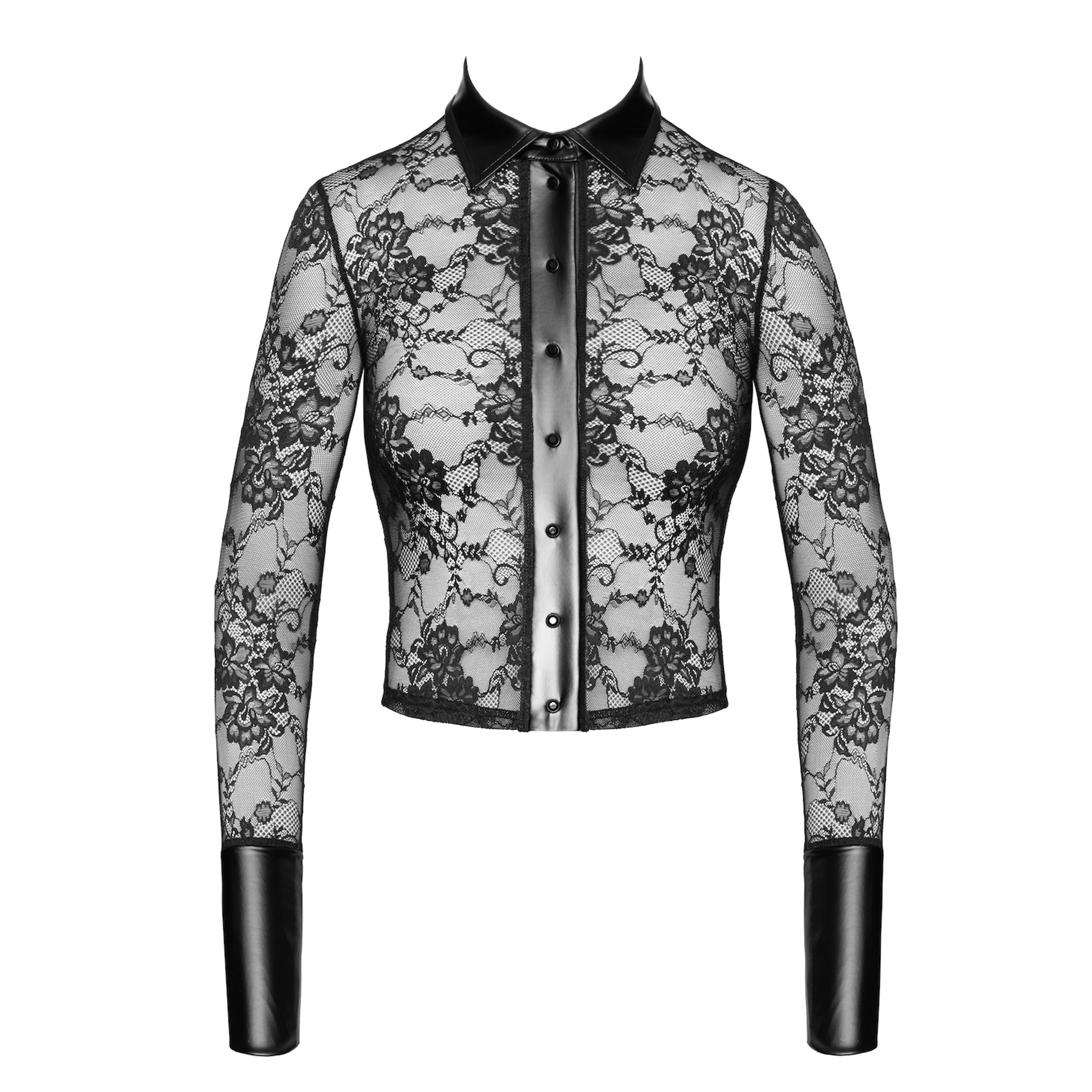Lace floral-lace sheer transparent wetlook-trim power-wetlook rhinestone tops shirt dress-shirt long-sleeve longsleeve sleeves sleeved wide-cuffs lapel-collar full-length button-up button-placket snap-button lightweight comfortable intricate stylish soft delicate daring impressive subtle sophisticated stretchy bold flattering fashion alt-fashion party formal evening kink kinky kink-wear female femme feminine womens black