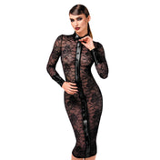 Lace floral-lace sheer transparent wetlook-trim power-wetlook rhinestones dress mididress midi-dress longsleeve long-sleeve sleeves sleeved lapel collar button-placket button-up snap-button full-length wide-cuffs lightweight stretchy elegant delicate soft sexy subtle edgy flattering curve-hugging sophisticated graceful contouring stylish fashion alt-fashion party evening female femme feminine womens black