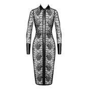 Lace floral-lace sheer transparent wetlook-trim power-wetlook rhinestones dress mididress midi-dress longsleeve long-sleeve sleeves sleeved lapel collar button-placket button-up snap-button full-length wide-cuffs lightweight stretchy elegant delicate soft sexy subtle edgy flattering curve-hugging sophisticated graceful contouring stylish fashion alt-fashion party evening female femme feminine womens black