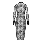 Lace floral-lace sheer transparent wetlook-trim power-wetlook rhinestones dress mididress midi-dress longsleeve long-sleeve sleeves sleeved lapel collar button-placket button-up snap-button full-length wide-cuffs lightweight stretchy elegant delicate soft sexy subtle edgy flattering curve-hugging sophisticated graceful contouring stylish fashion alt-fashion party evening female femme feminine womens black