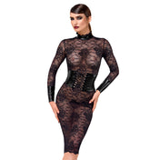 Lace wetlook-trim power-wetlook sheer transparent nylon-lacing dress midi-dress mididress long-sleeve longsleeve sleeves sleeved keyhole-back corset cincher lace-up pull-over standup-collar hook-and-eye wide-cuffs adjustable classic alluring exquisite elegant bold delicate refined sophisticated daring flattering empowering sensual stretchy integrated comfortable hourglass  fashion alt-fashion party kink kinky female femme feminine womens black