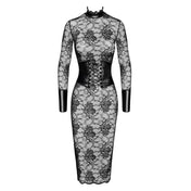 Lace wetlook-trim power-wetlook sheer transparent nylon-lacing dress midi-dress mididress long-sleeve longsleeve sleeves sleeved keyhole-back corset cincher lace-up pull-over standup-collar hook-and-eye wide-cuffs adjustable classic alluring exquisite elegant bold delicate refined sophisticated daring flattering empowering sensual stretchy integrated comfortable hourglass  fashion alt-fashion party kink kinky female femme feminine womens black